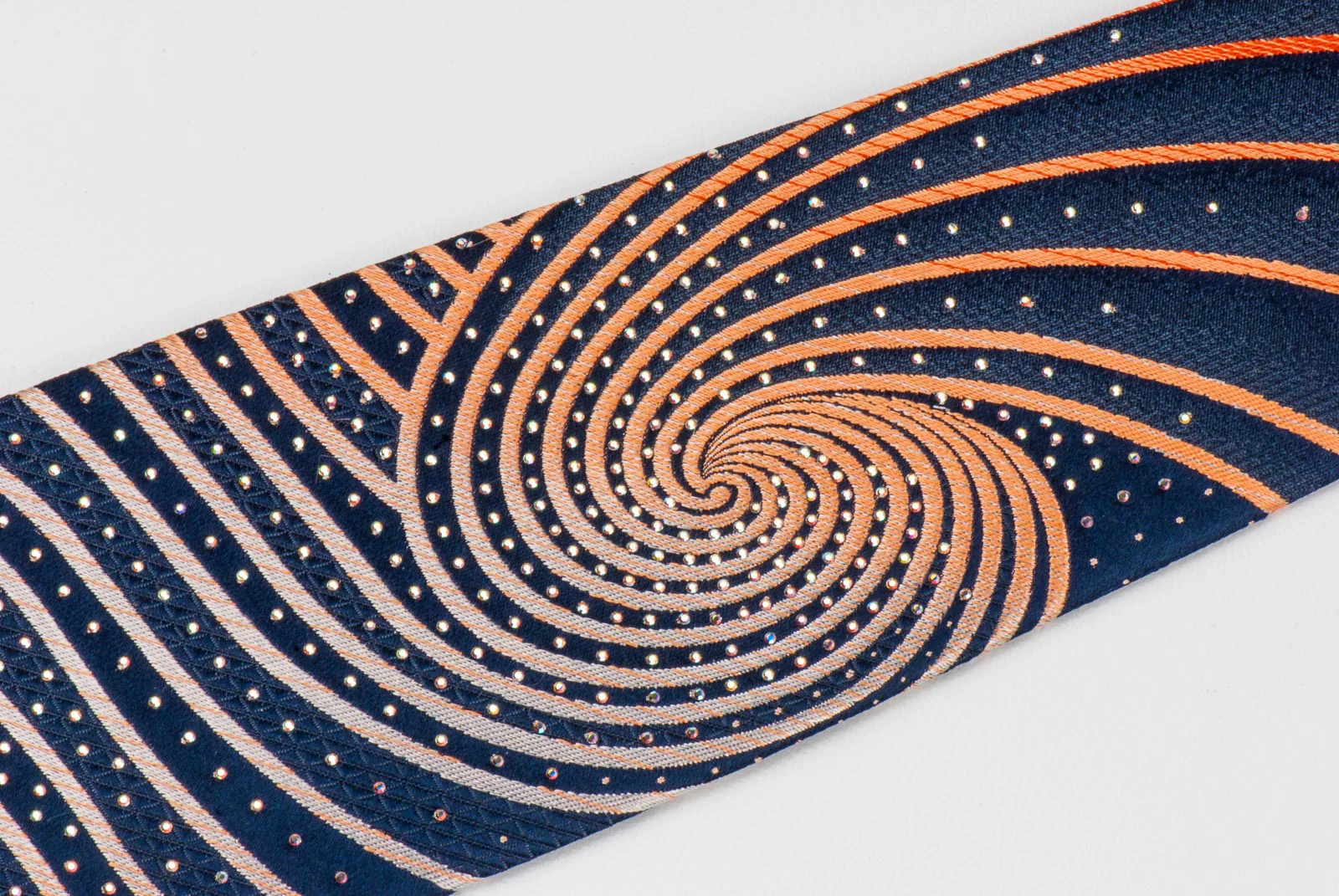 MCM Silk Necktie Orange Spirals On Blue With Rhinestones Classic 3 1/2 Inch - Image 3