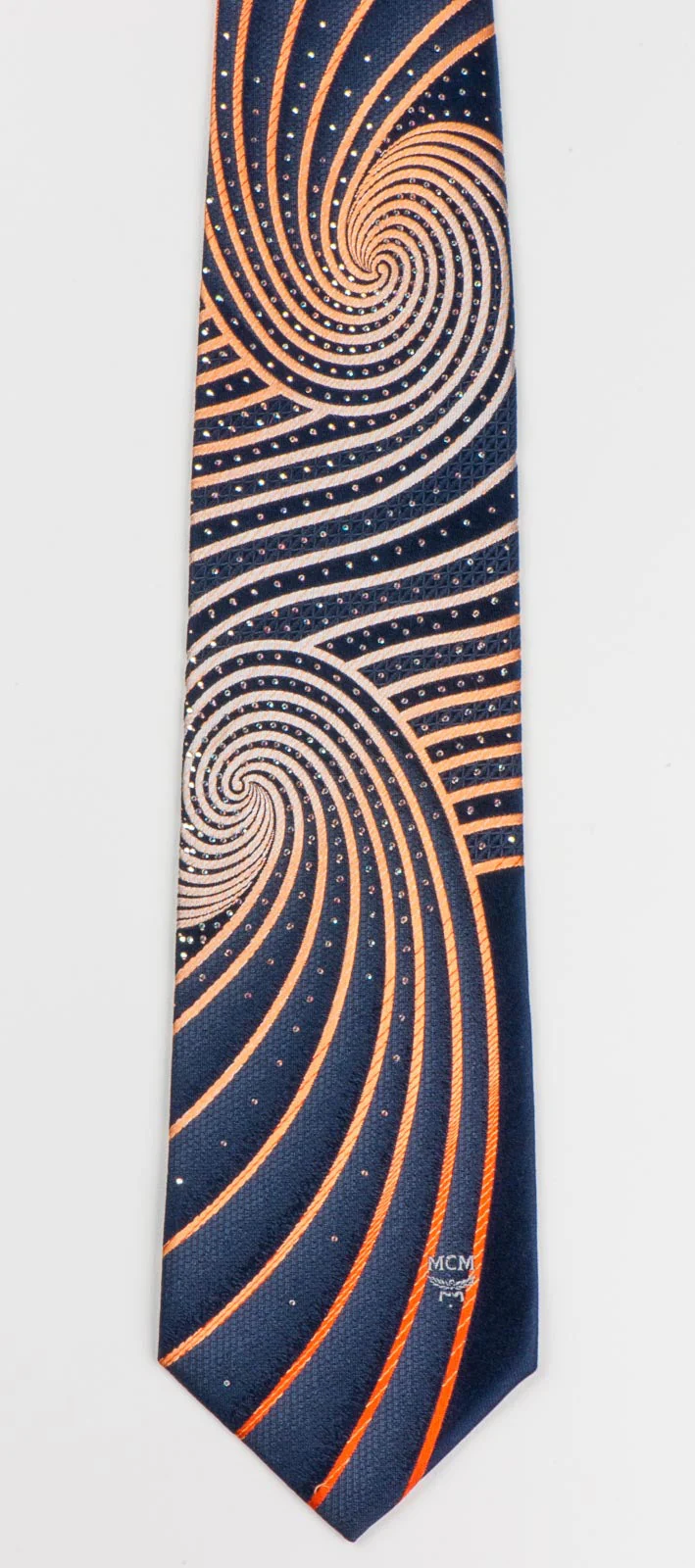 MCM Silk Necktie Orange Spirals On Blue With Rhinestones Classic 3 1/2 Inch - Image 5