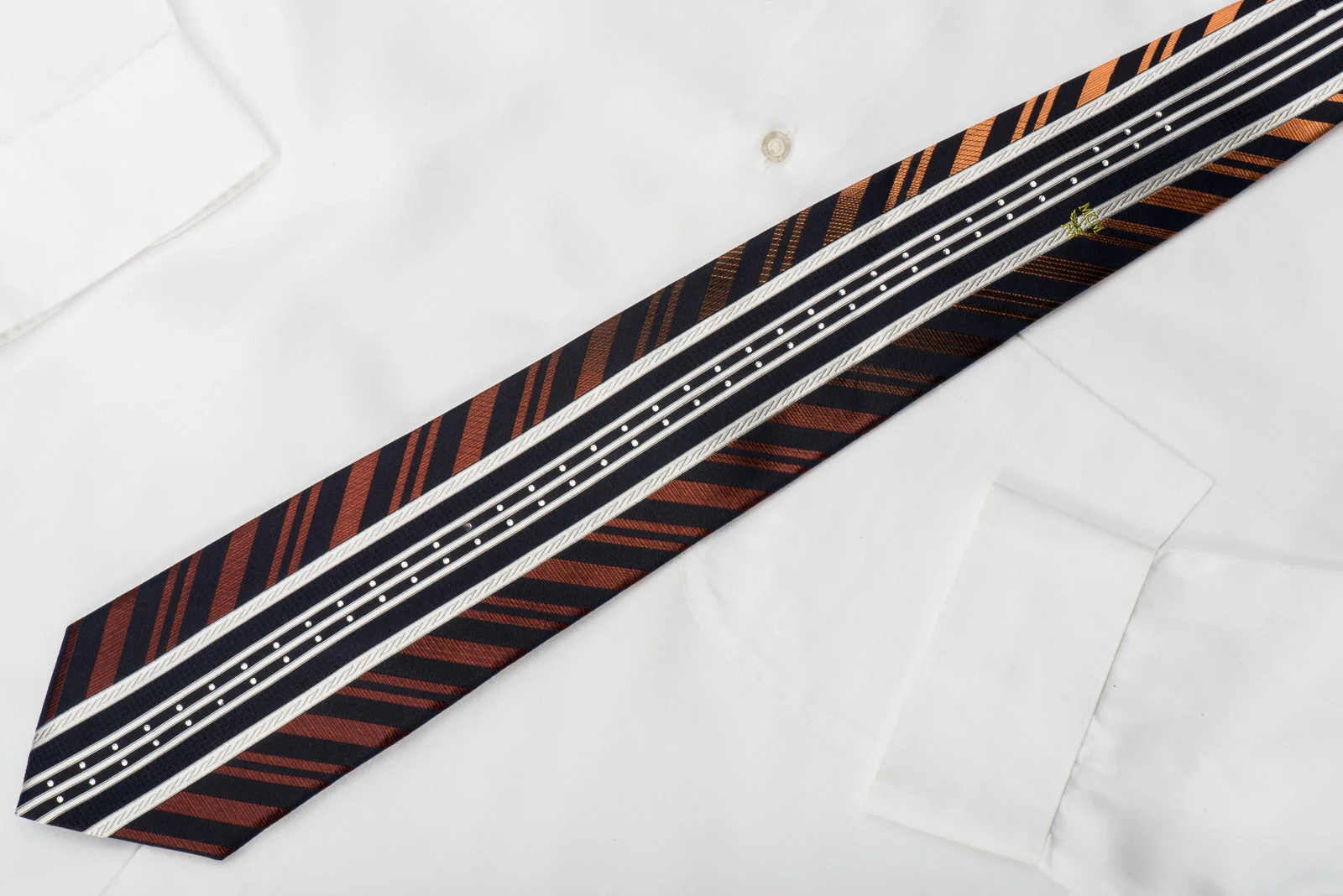 MCM Silk Tie Silver Orange Vertical Striped On Navy Sparkling With Rhinestones - Image 5