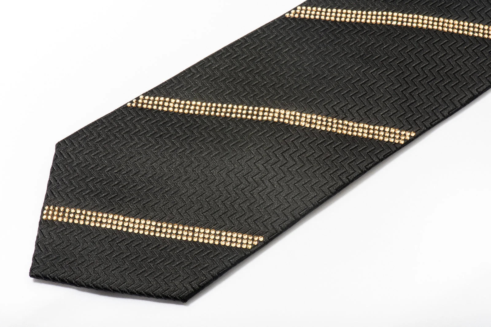 Men's Black Rhinestone Silk Necktie Sparkling With Striped Clear Gold Rhinestones - Image 4