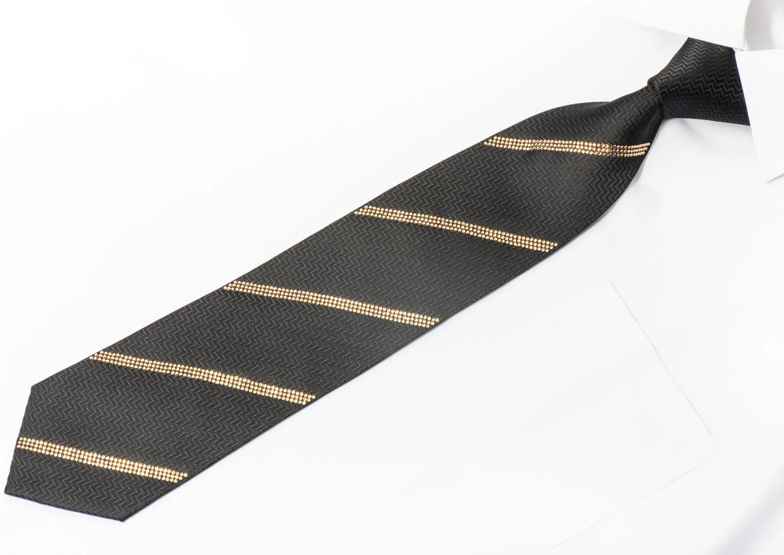 Men's Black Rhinestone Silk Necktie Sparkling With Striped Clear Gold Rhinestones - Image 7
