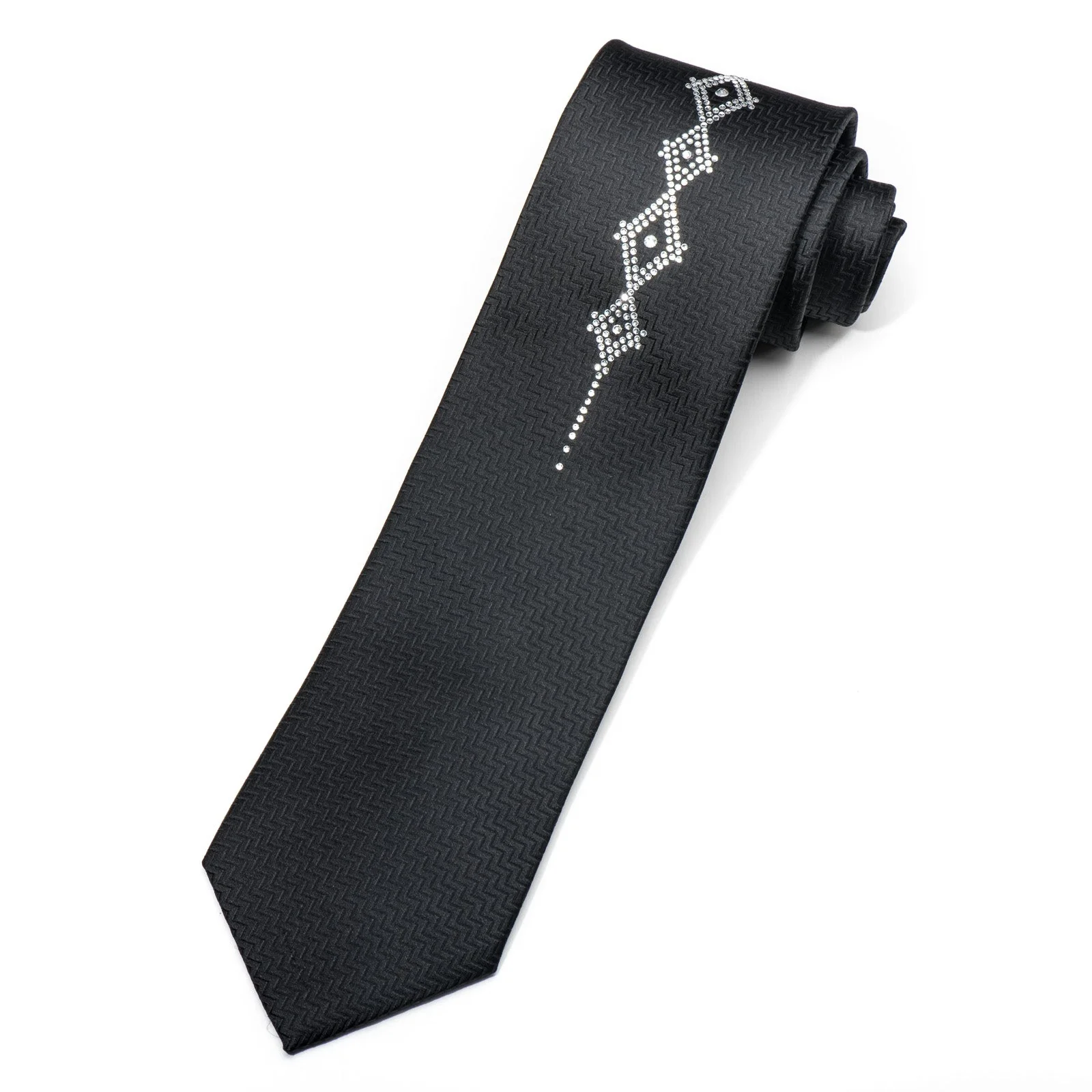 Men's Black Silk Tie Geometric Crystal Design Rhinestone Necktie By Lalanta - Image 3