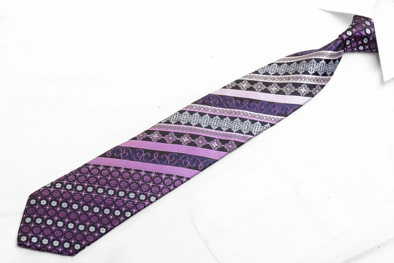 Men's Crystal Rhinestone Necktie Purple Stripes On Navy With Sparkles - Image 3