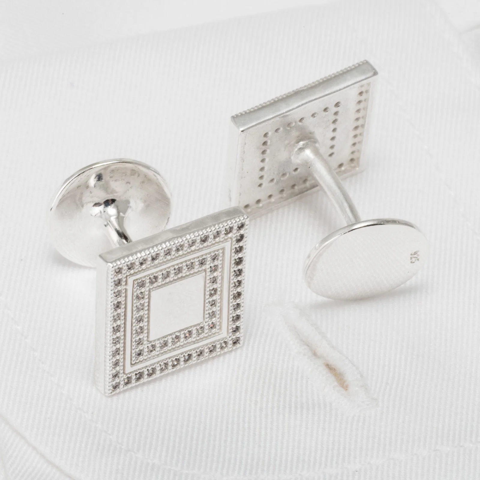 Men's Cufflinks Micro Setting CZ Stones 925 Sterling Silver Square Handmade - Image 4
