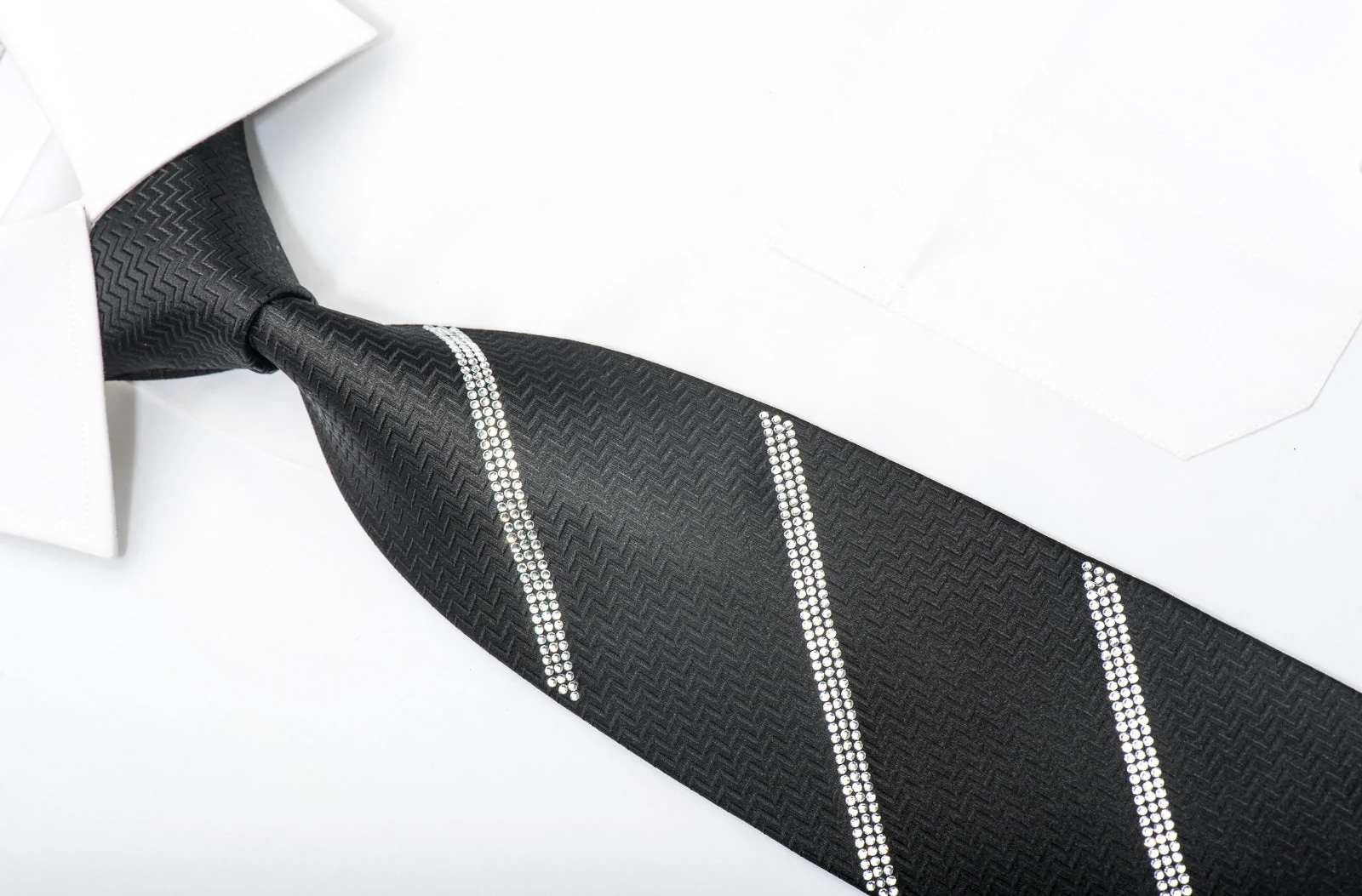 Men's Elegant Black Silk Tie Striped Sparkling Crystal Rhinestones On Black - Image 3