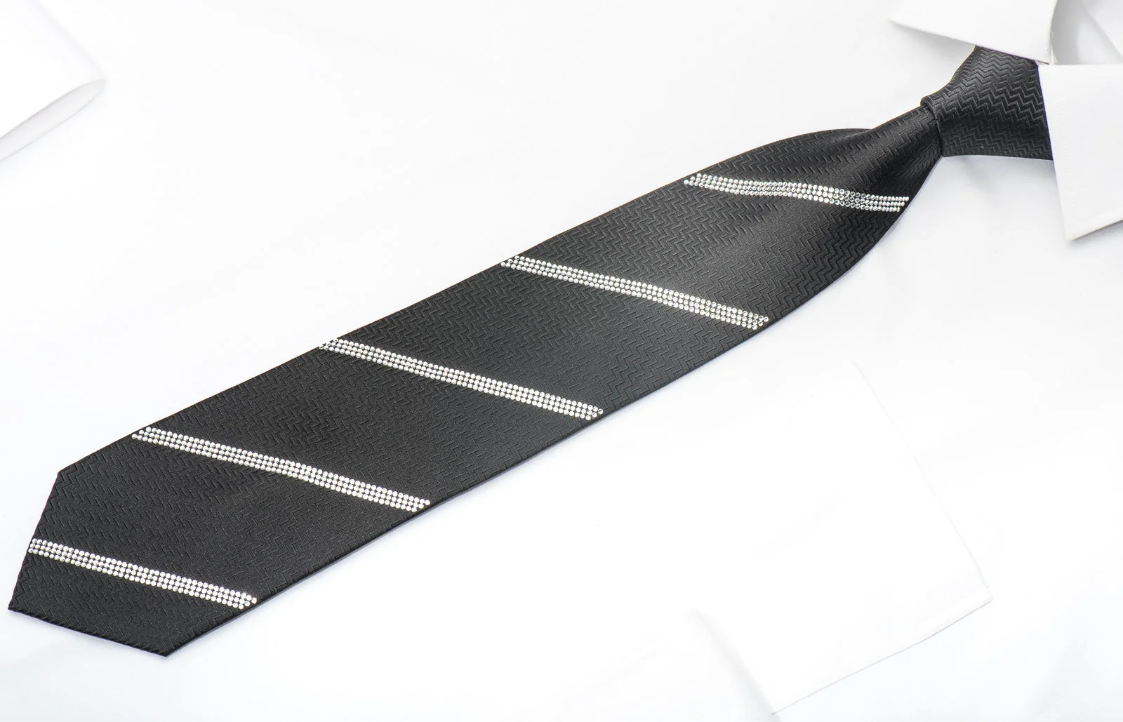 Men's Elegant Black Silk Tie Striped Sparkling Crystal Rhinestones On Black - Image 4