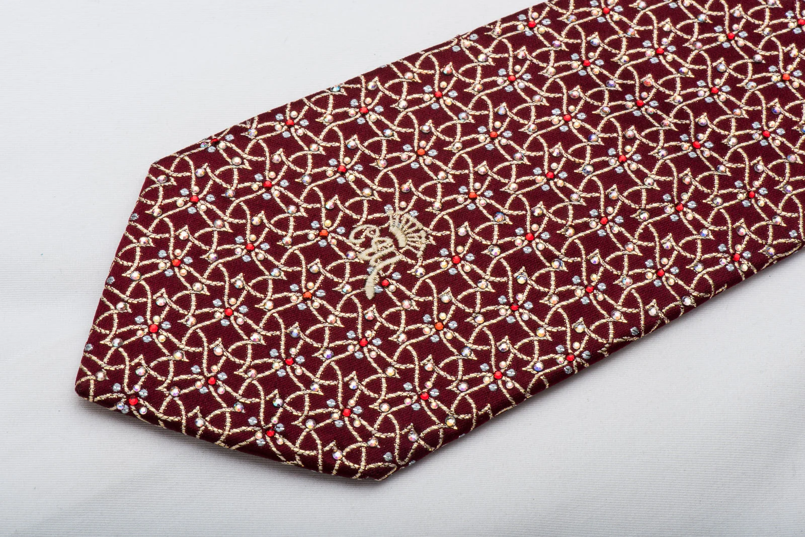 Men's Rhinestone Silk Neck Tie By Countess Mara Golden Trellis & Sparkles On Red - Image 3