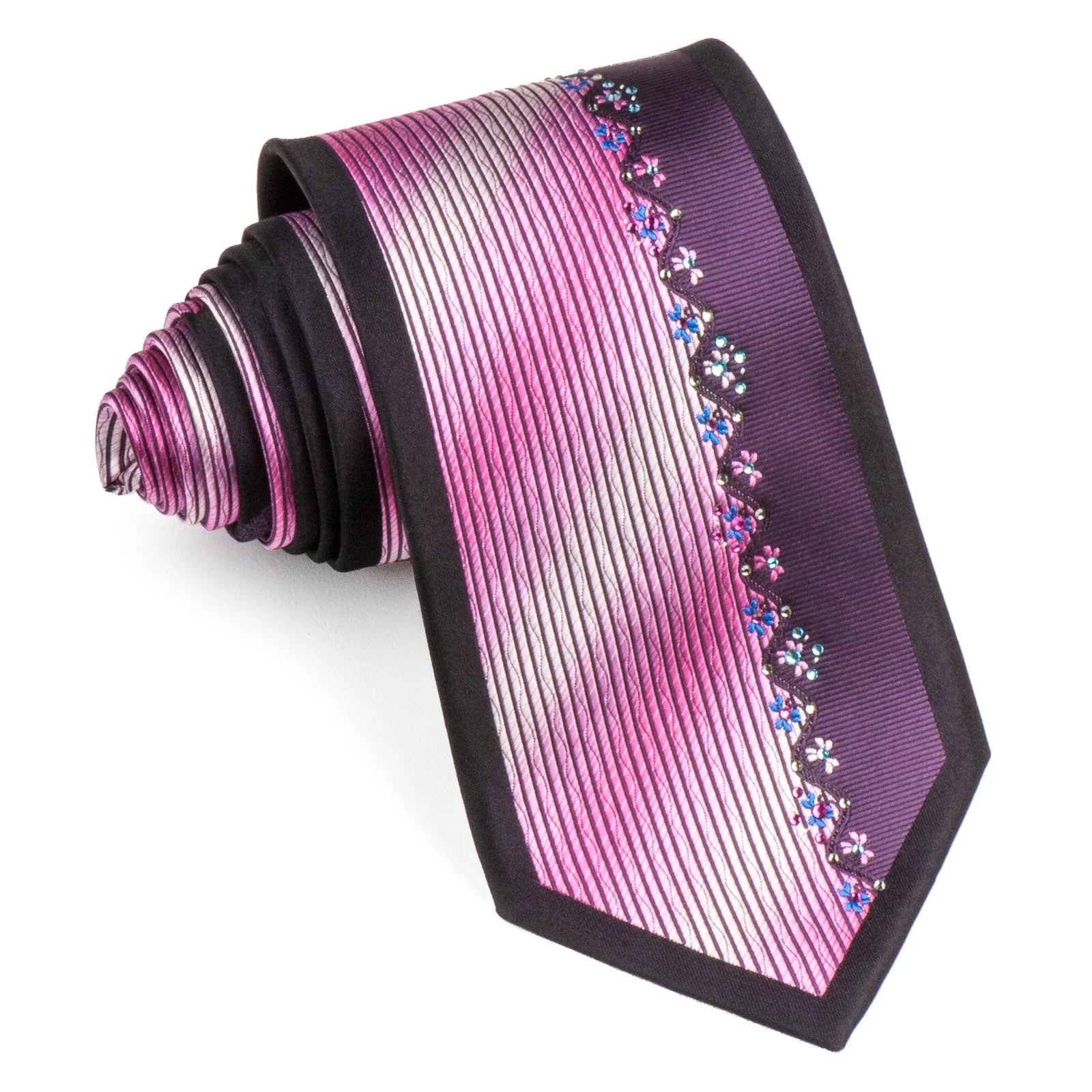 Men's Rhinestone Silk Necktie By Elegance Pink White Vertical Stripes & Floral