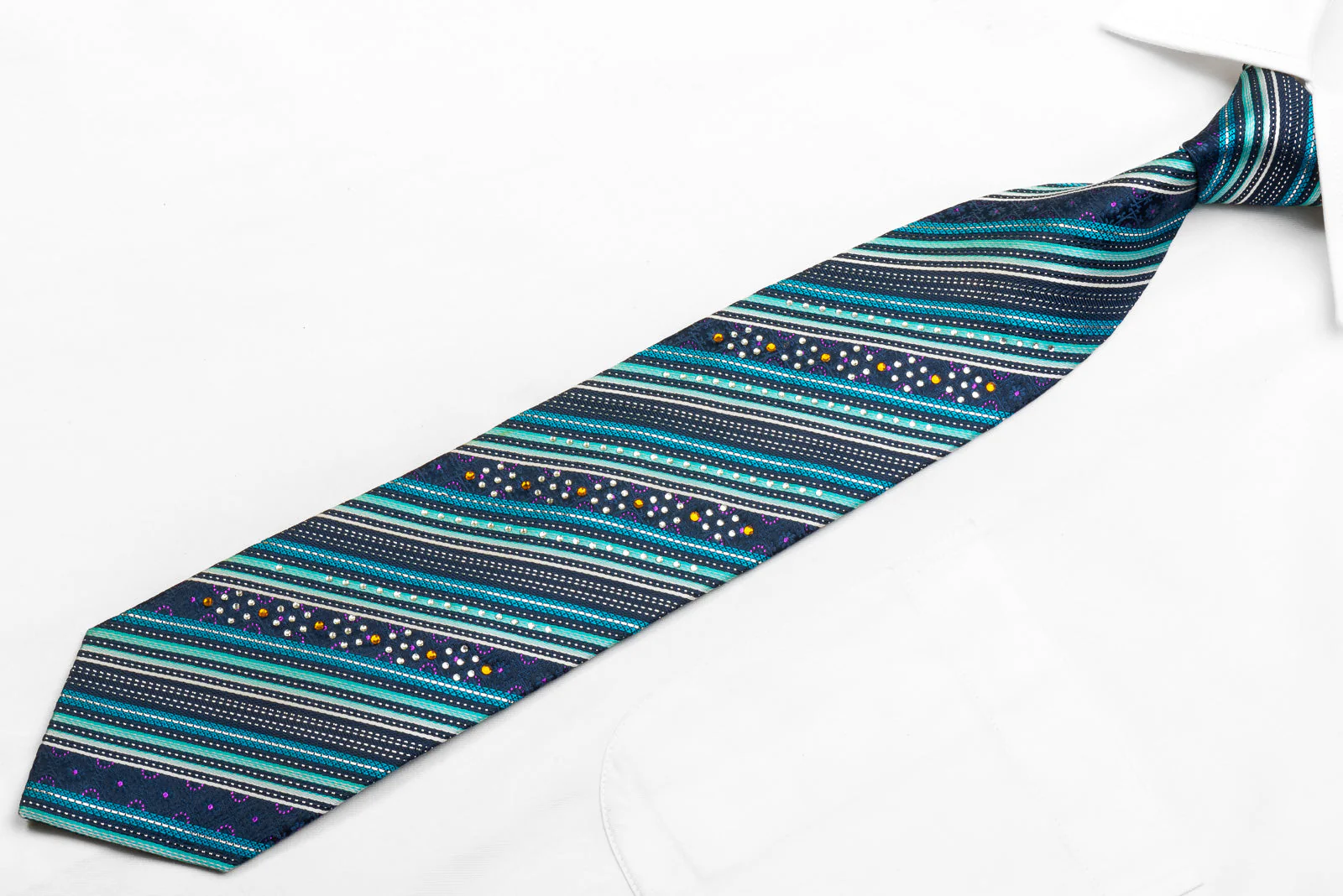 Men's Rhinestone Silk Necktie Striped On Blue With Silver Sparkles - Image 3