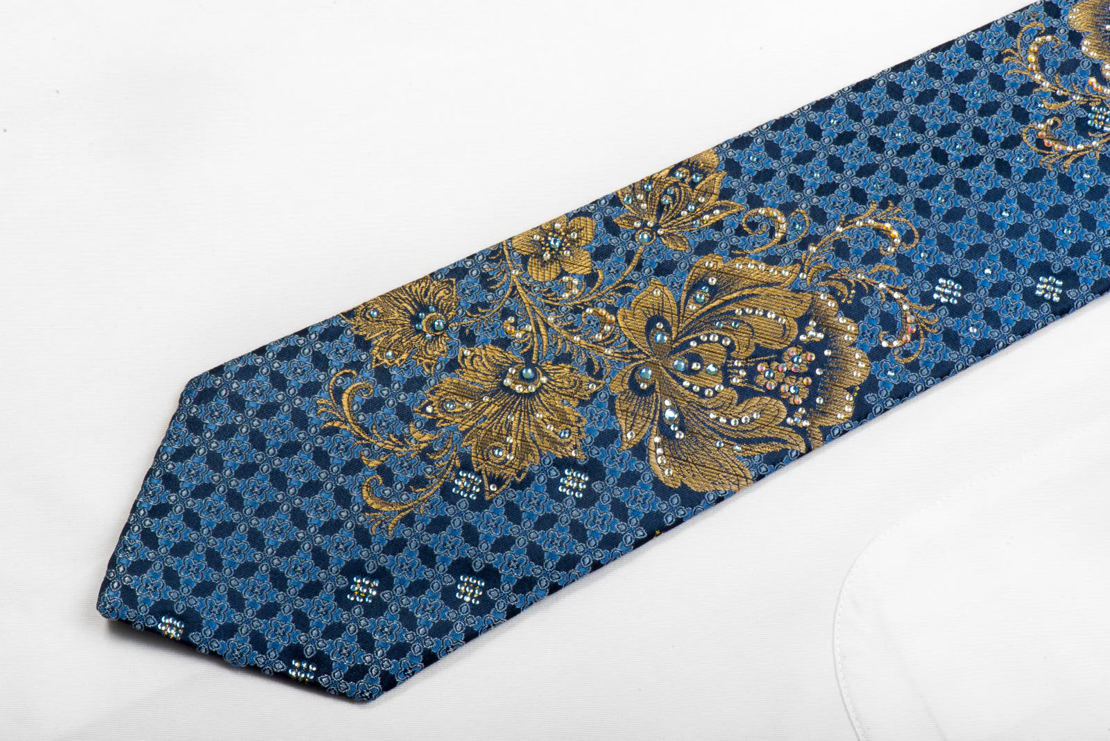 Men's Rhinestone Silk Tie Gold Floral On Blue With Gold Sparkles Too - Image 3