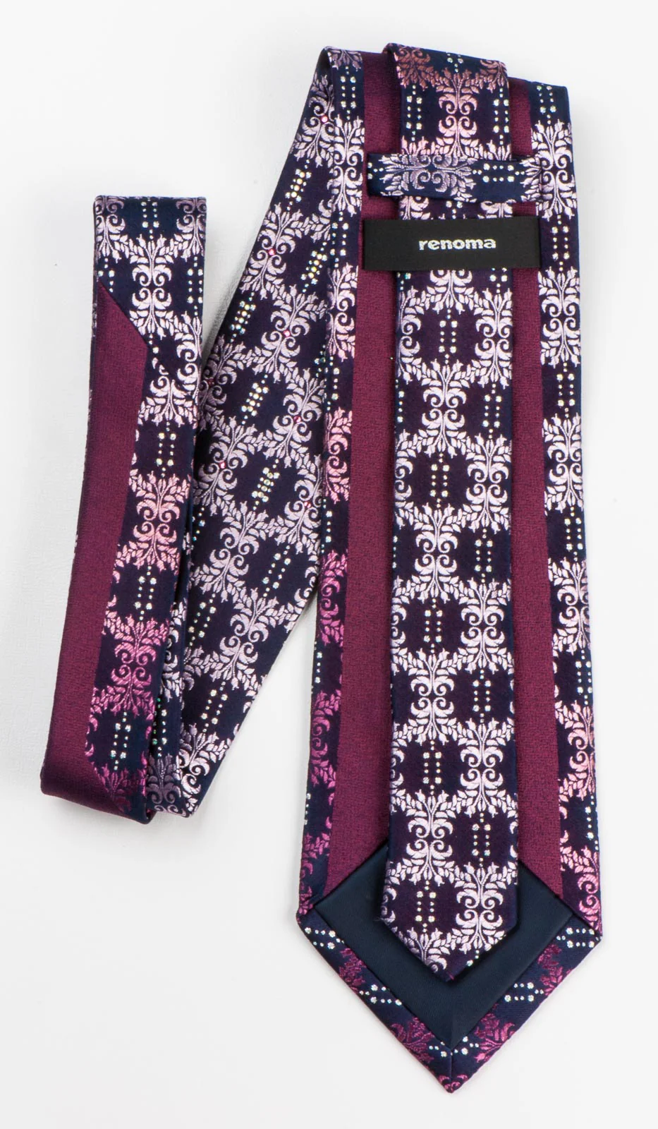 Men's Silk neck Tie By Renoma Purple Silver Cartouche On Black With Rhinestones - Image 6