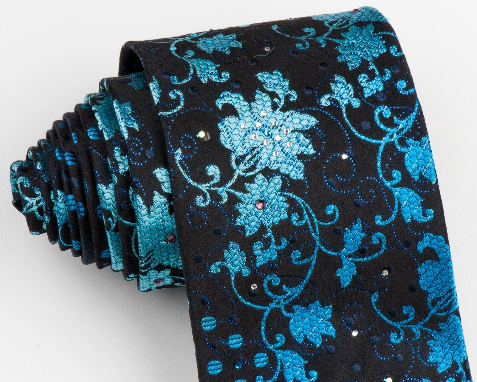 Men's Silk Necktie By Smalto Floral & Spots Design On Blue With Rhinestones - Image 2