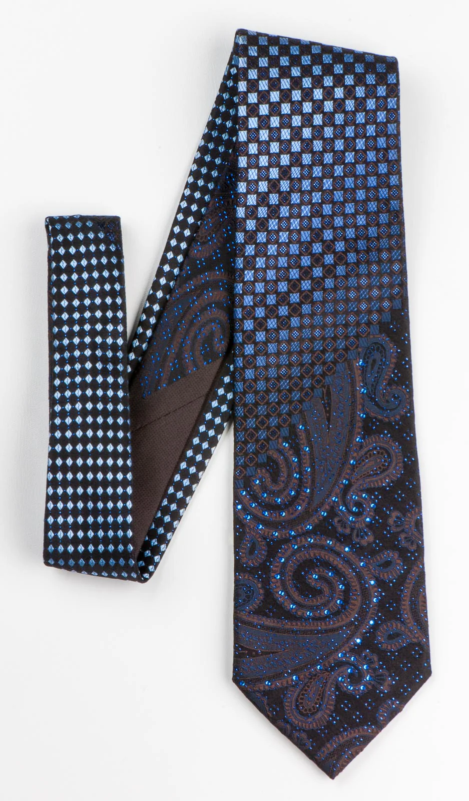 Men's Silk NeckTie By Yezak Paisley & Checks On Black With Sparkles & Rhinestones - Image 6