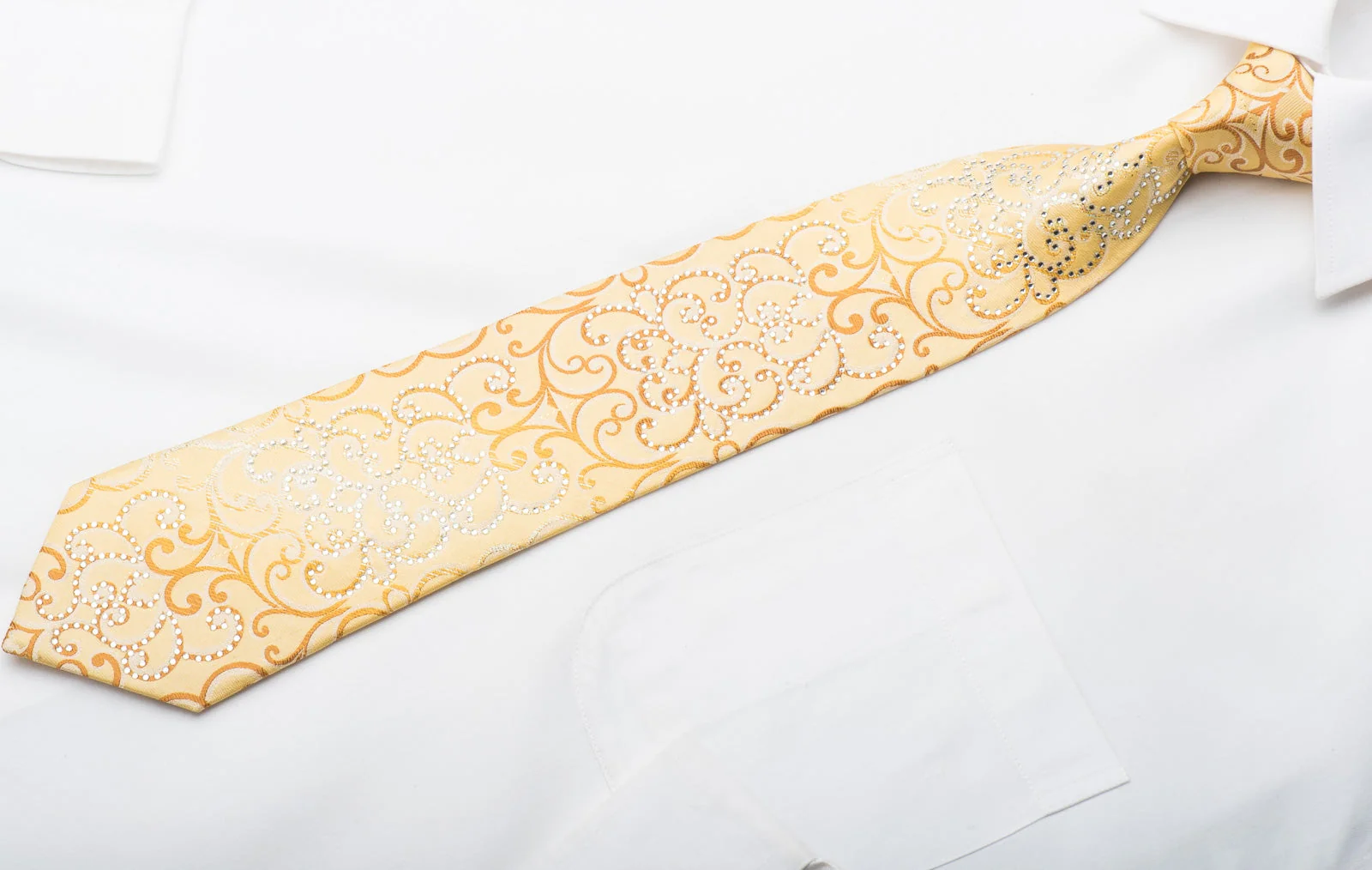 Men's Silk Necktie Damask Scrolls On Yellow Silk Sparkling With Crystal Rhinestones - Image 3