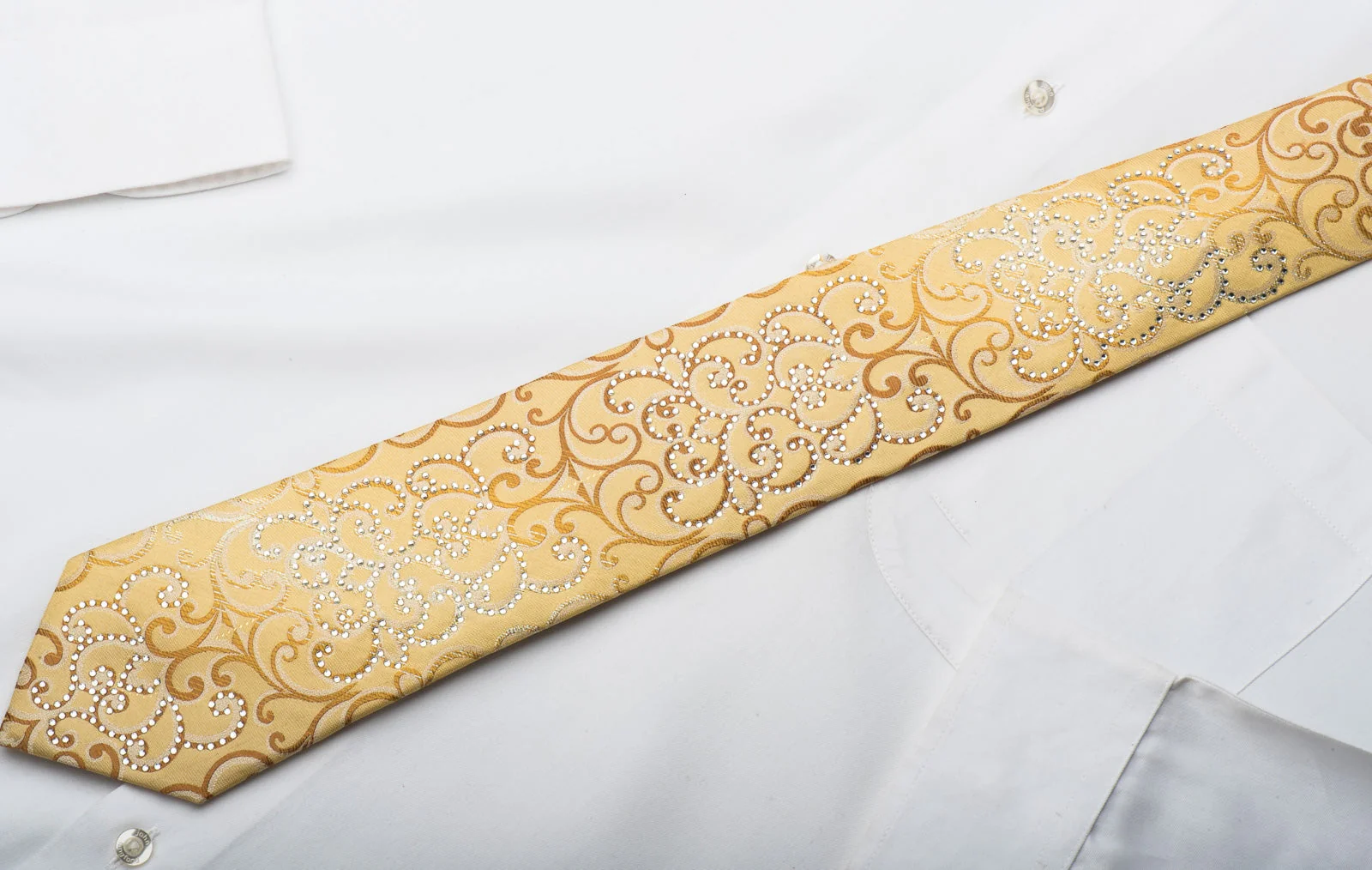 Men's Silk Necktie Damask Scrolls On Yellow Silk Sparkling With Crystal Rhinestones - Image 4