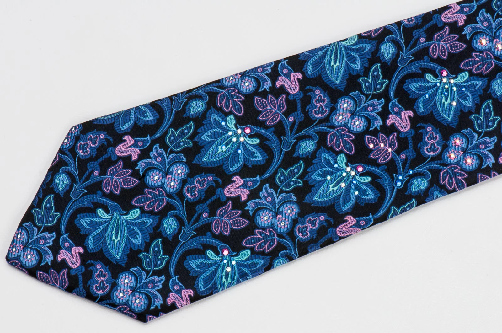 Men's Silk Tie By Perry Ellis Floral Design On Navy Black With Rhinestones - Image 3