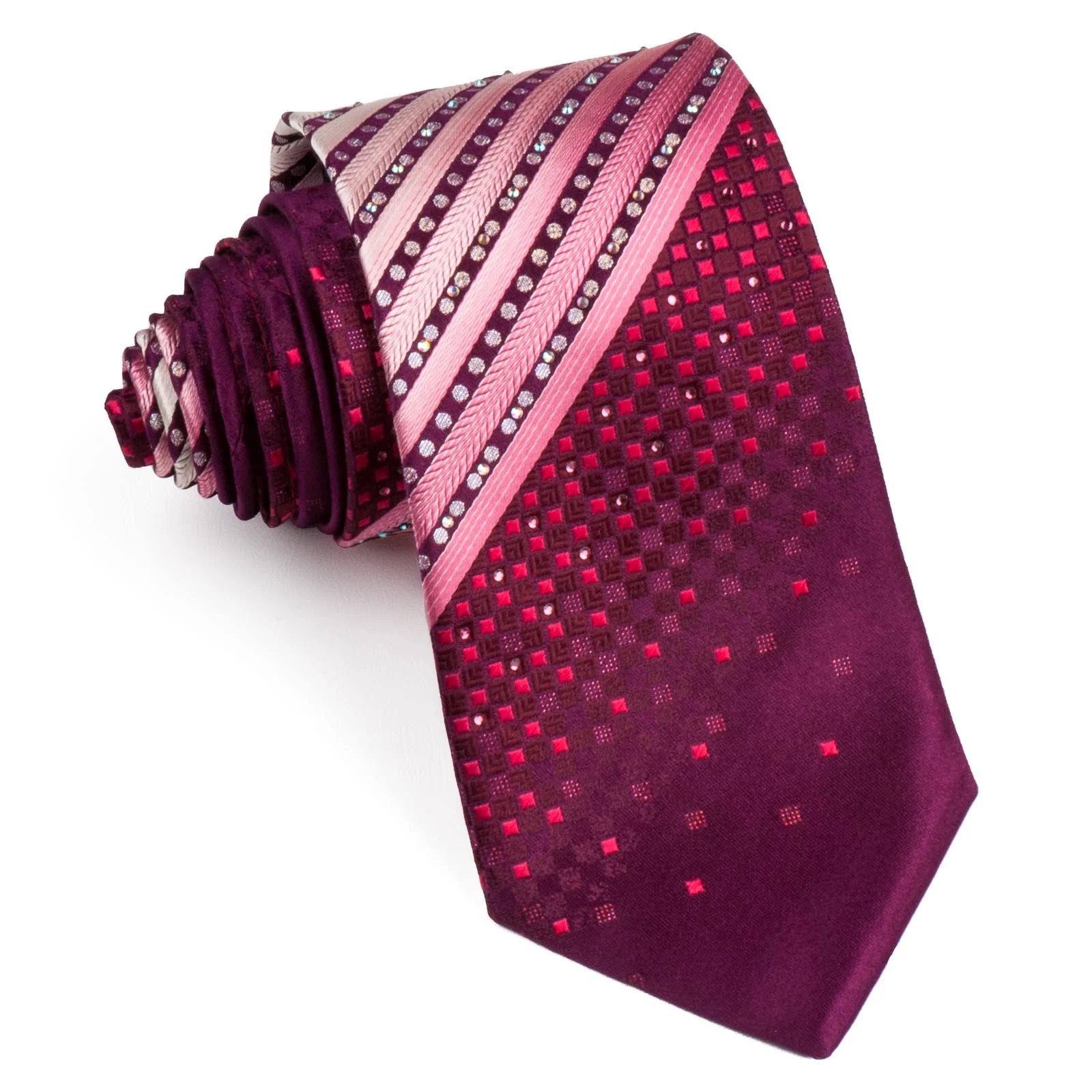 Men's Silk Tie By Renoma Stripes On Burgundy With Silver Sparkles & Rhinestones