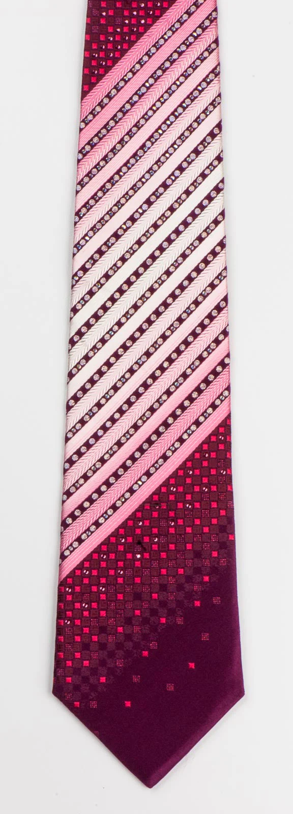 Men's Silk Tie By Renoma Stripes On Burgundy With Silver Sparkles & Rhinestones - Image 5