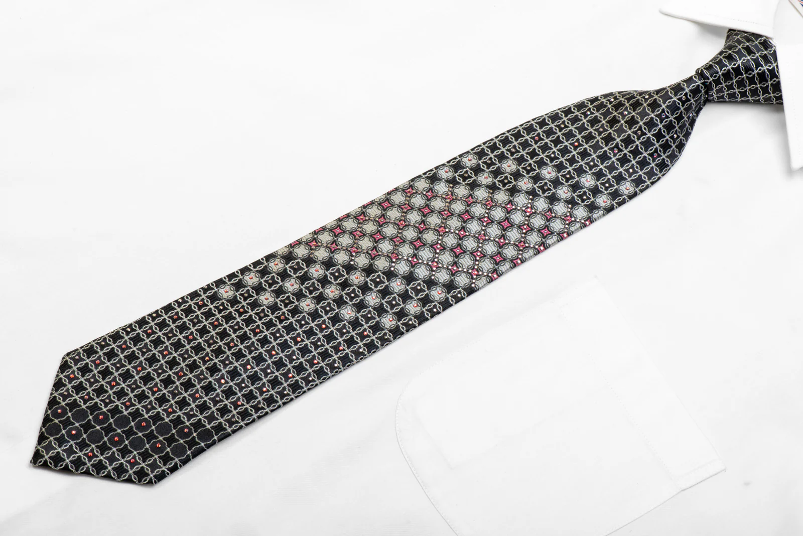 Men's Black Silk Necktie Silver Interlocking Chains On Black Silk With Rhinestones - Image 3