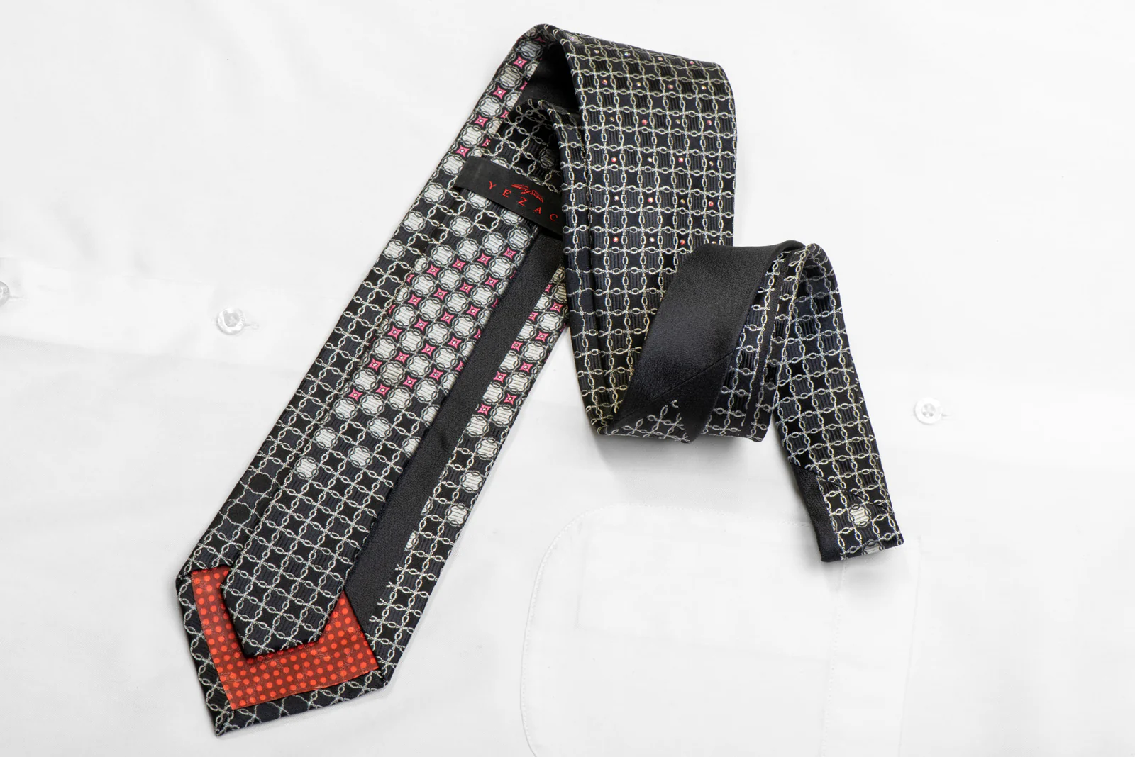 Men's Black Silk Necktie Silver Interlocking Chains On Black Silk With Rhinestones - Image 4