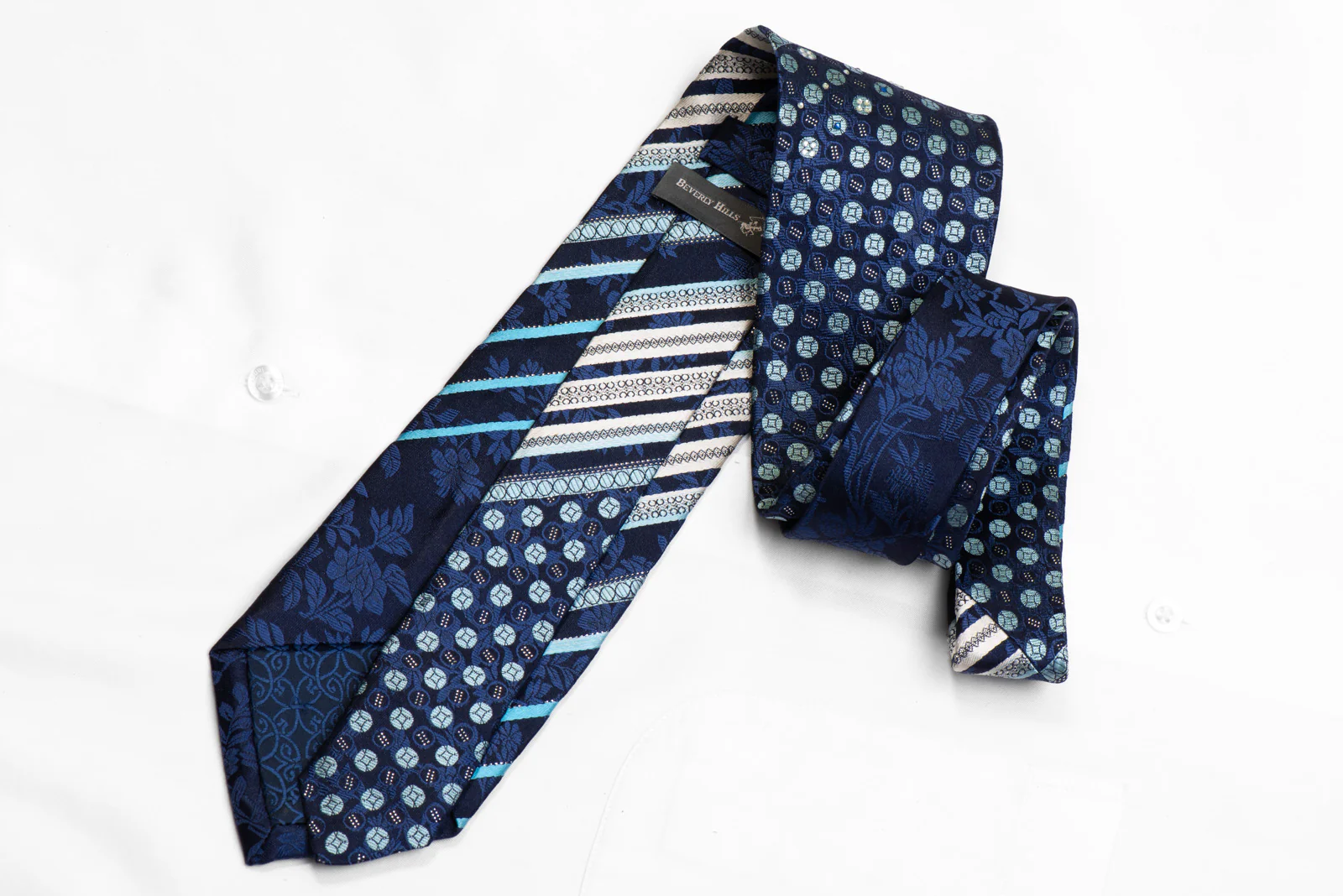 Men's Rhinestone Silk Necktie Striped Geometric Floral On Navy With Sparkles - Image 4