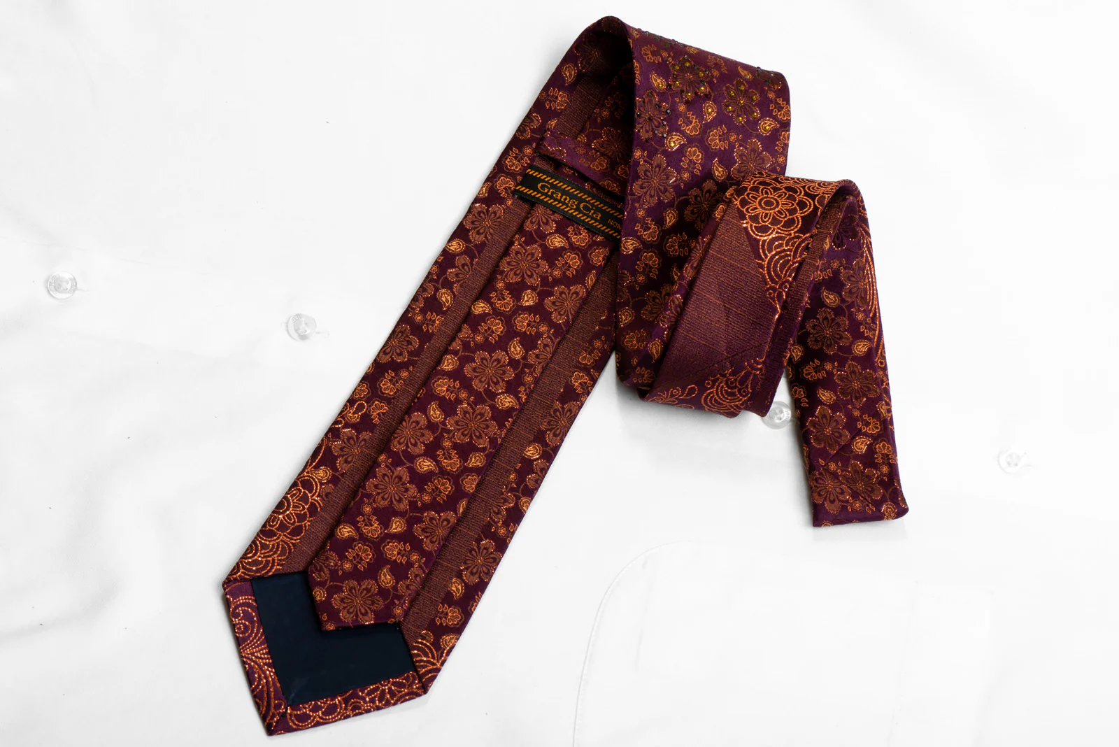 Men's Silk Necktie Orange Paisley Floral On Dark Purple With Sparkles - Image 5