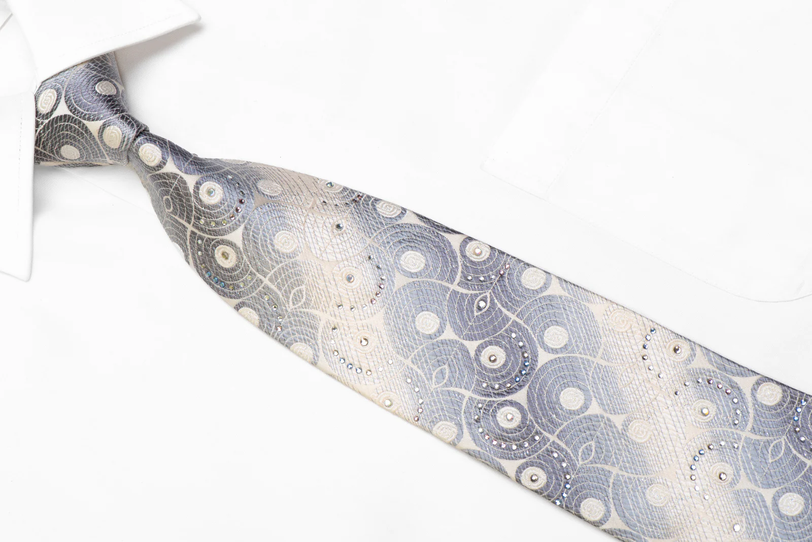 Men's Silk Necktie Silver Geometric On White With Silver Sparkles - Image 2