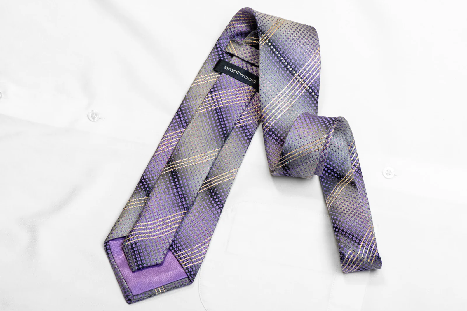 Mens Silk Necktie Silver Striped & Mauve Dots On Silver With Rhinestones - Image 4