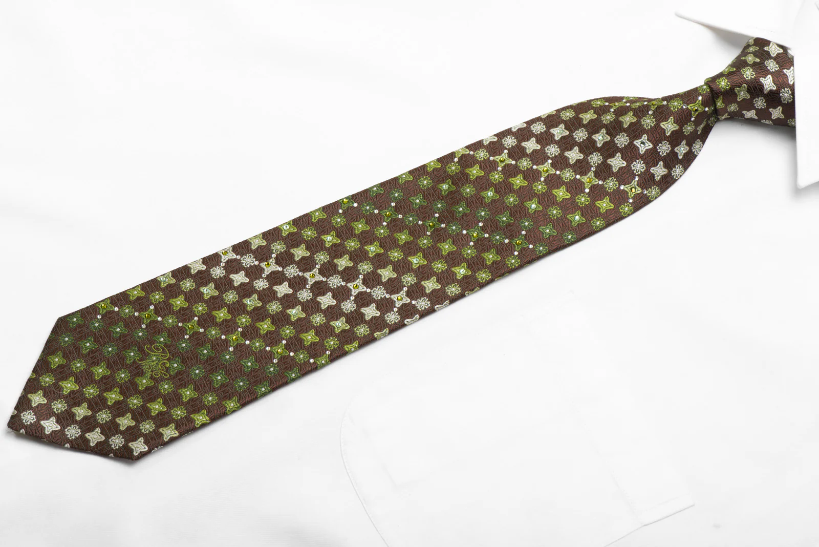 Men's Silk Tie Green Foulard On Brown Sparkling With Rhinestones - Image 3