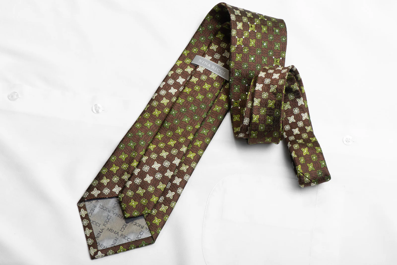 Men's Silk Tie Green Foulard On Brown Sparkling With Rhinestones - Image 4