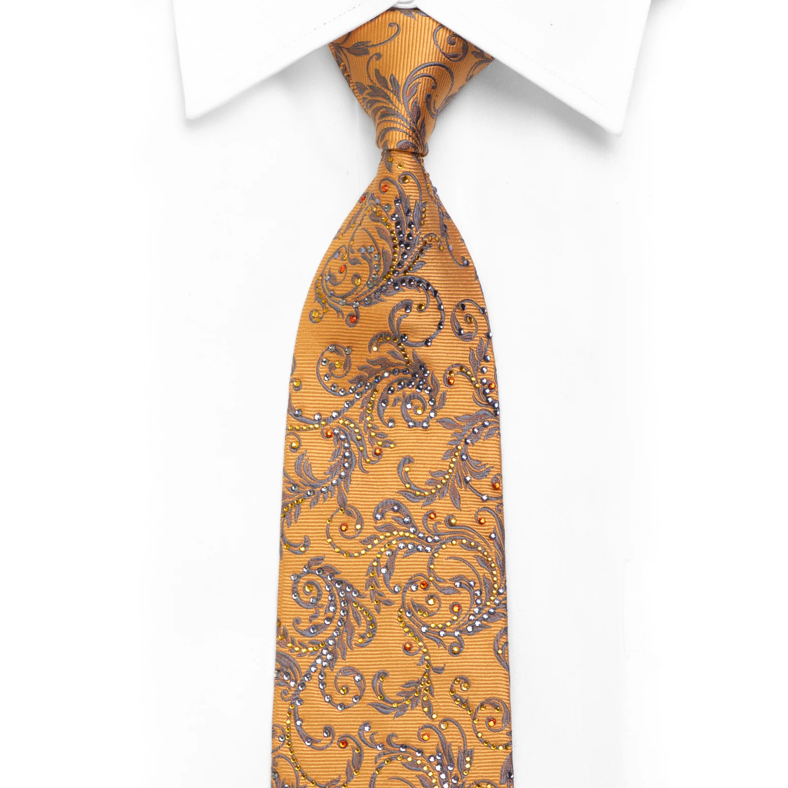 Men's Silk Tie Silver Scroll Acanthus On Gold Sparkling With Crystal Rhinestones