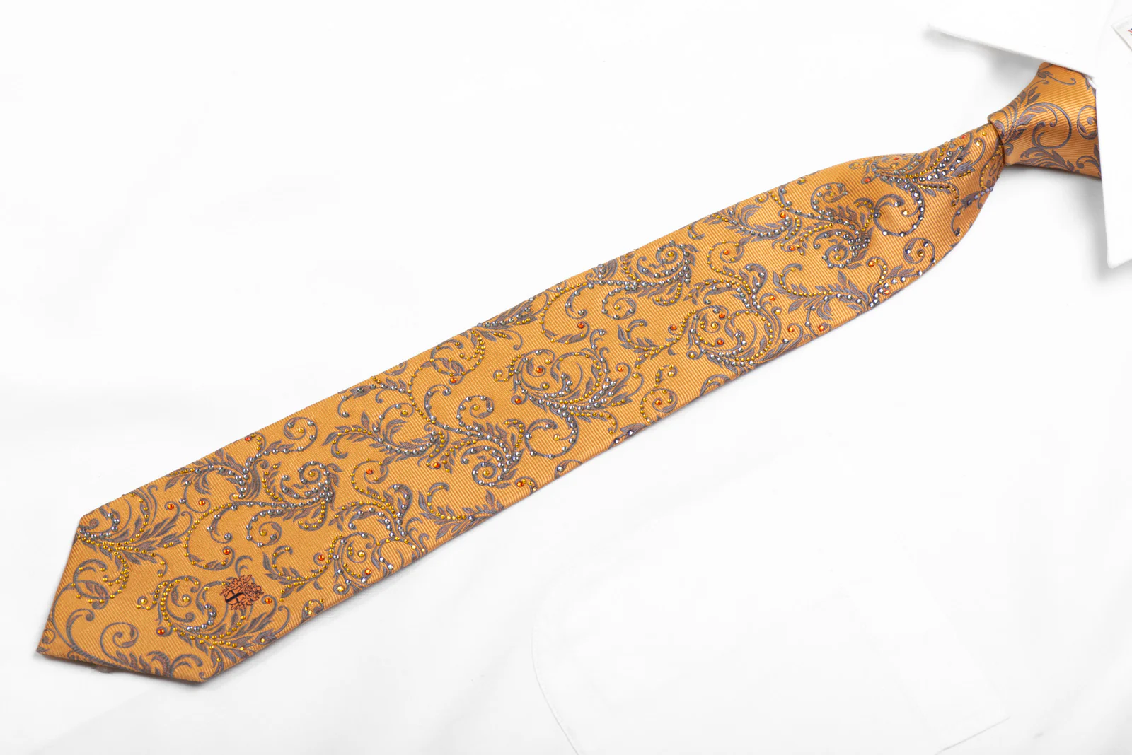 Men's Silk Tie Silver Scroll Acanthus On Gold Sparkling With Crystal Rhinestones - Image 3