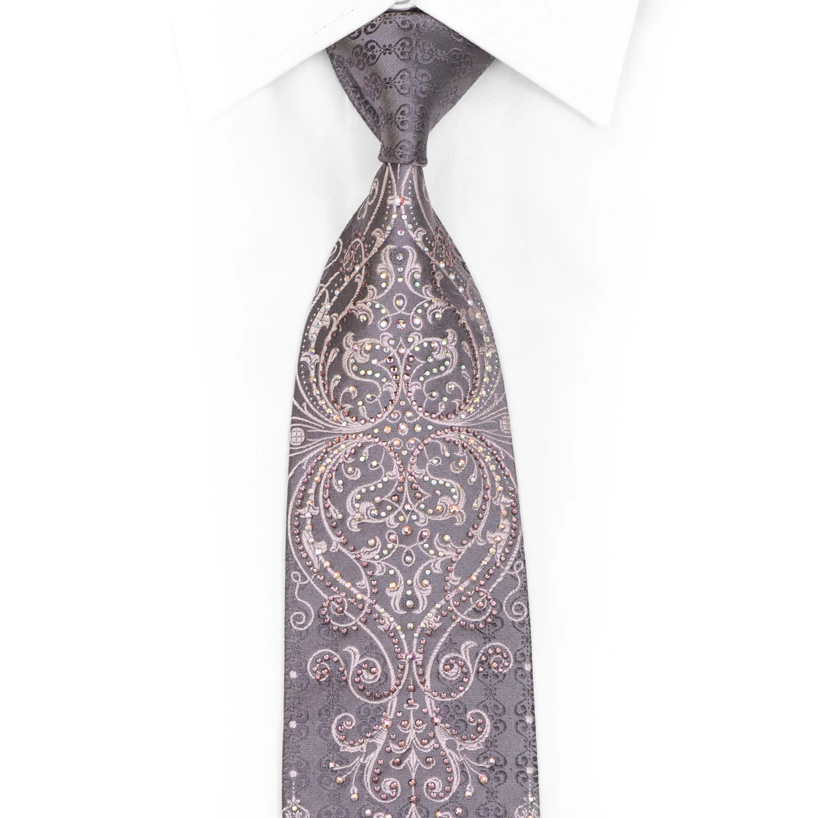 Damask On Silver Rhinestone Silk Tie With Sparkles - Image 2