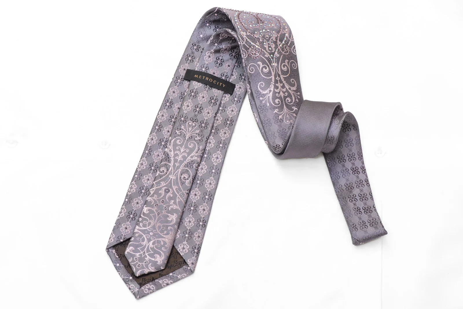 Damask On Silver Rhinestone Silk Tie With Sparkles - Image 5