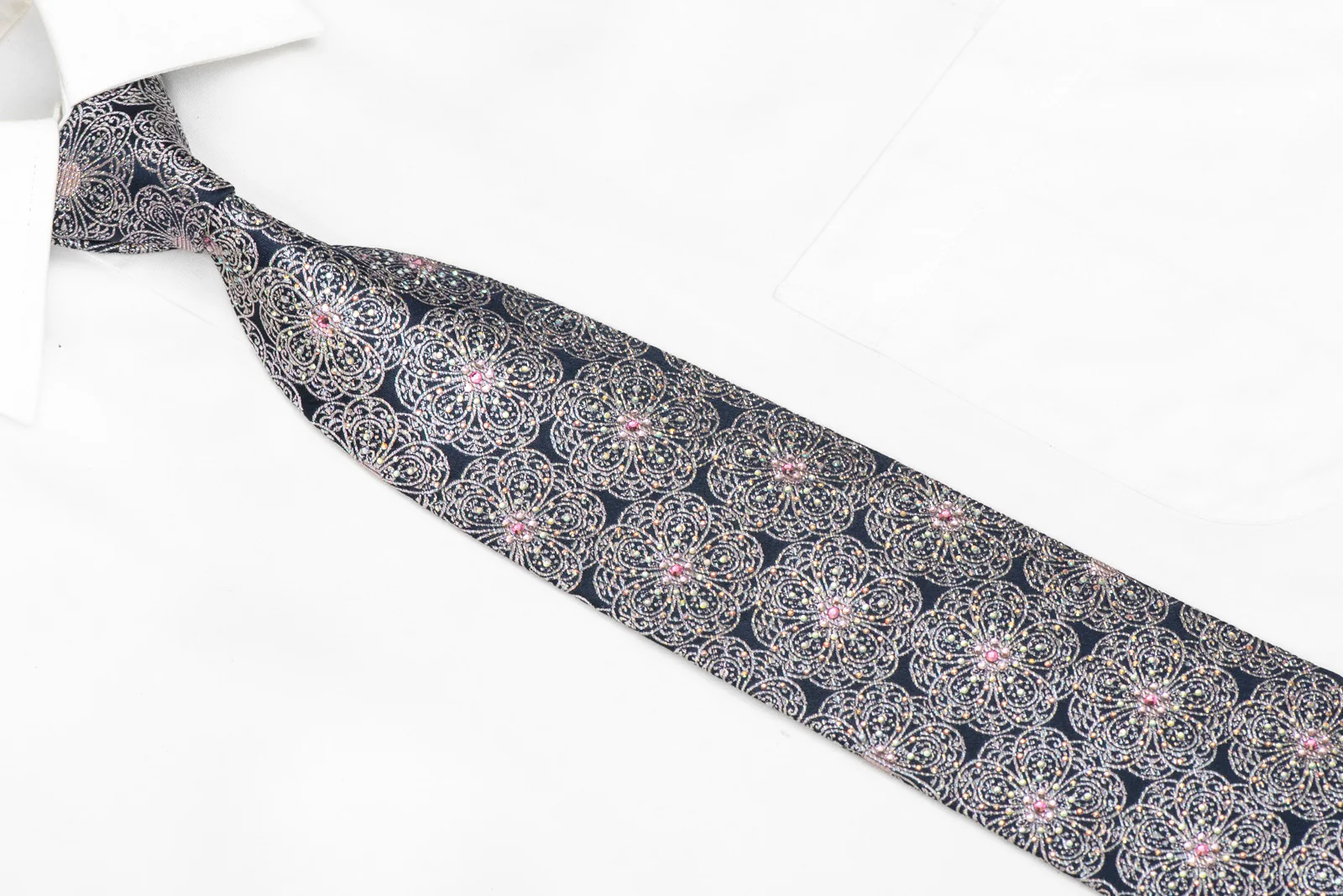 Silver Medallions Design On Dark Blue Rhinestone Tie With Sparkles - Image 2