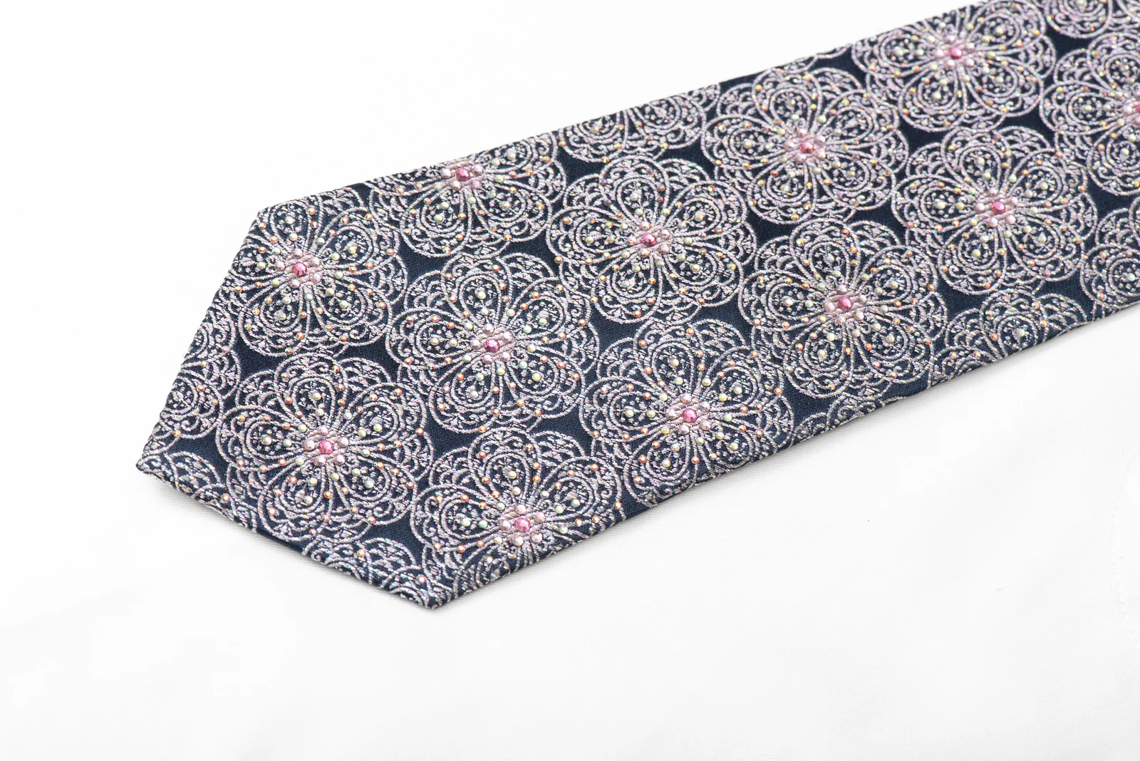 Silver Medallions Design On Dark Blue Rhinestone Tie With Sparkles - Image 3