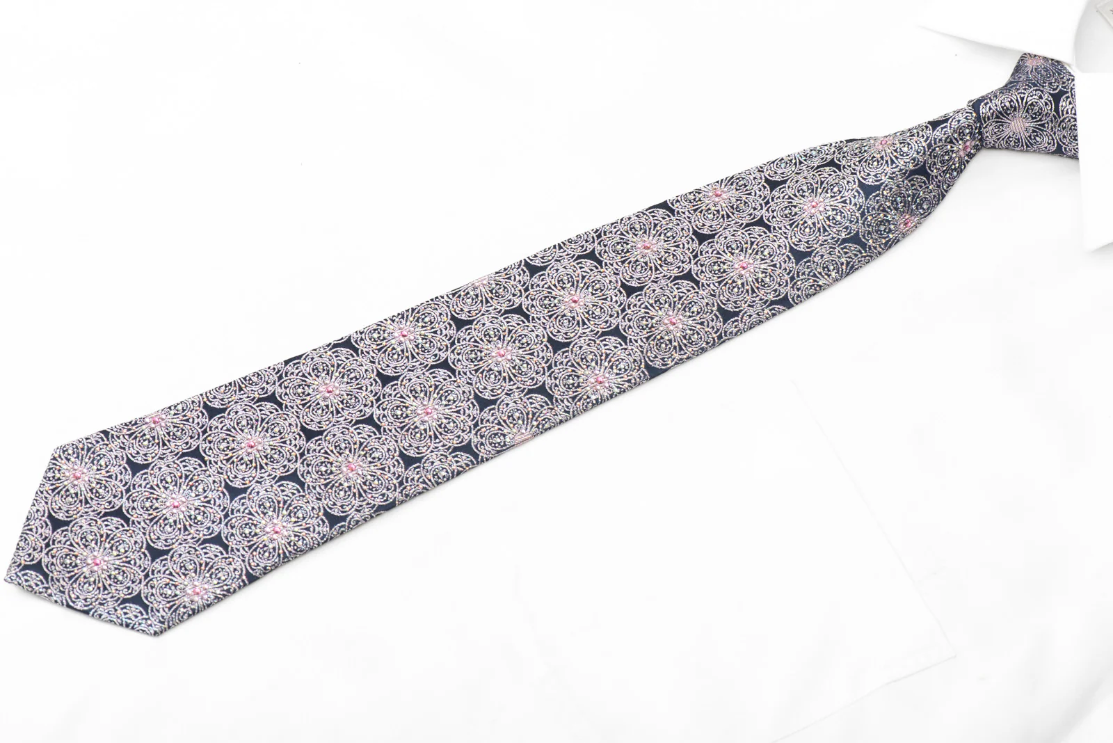 Silver Medallions Design On Dark Blue Rhinestone Tie With Sparkles - Image 4