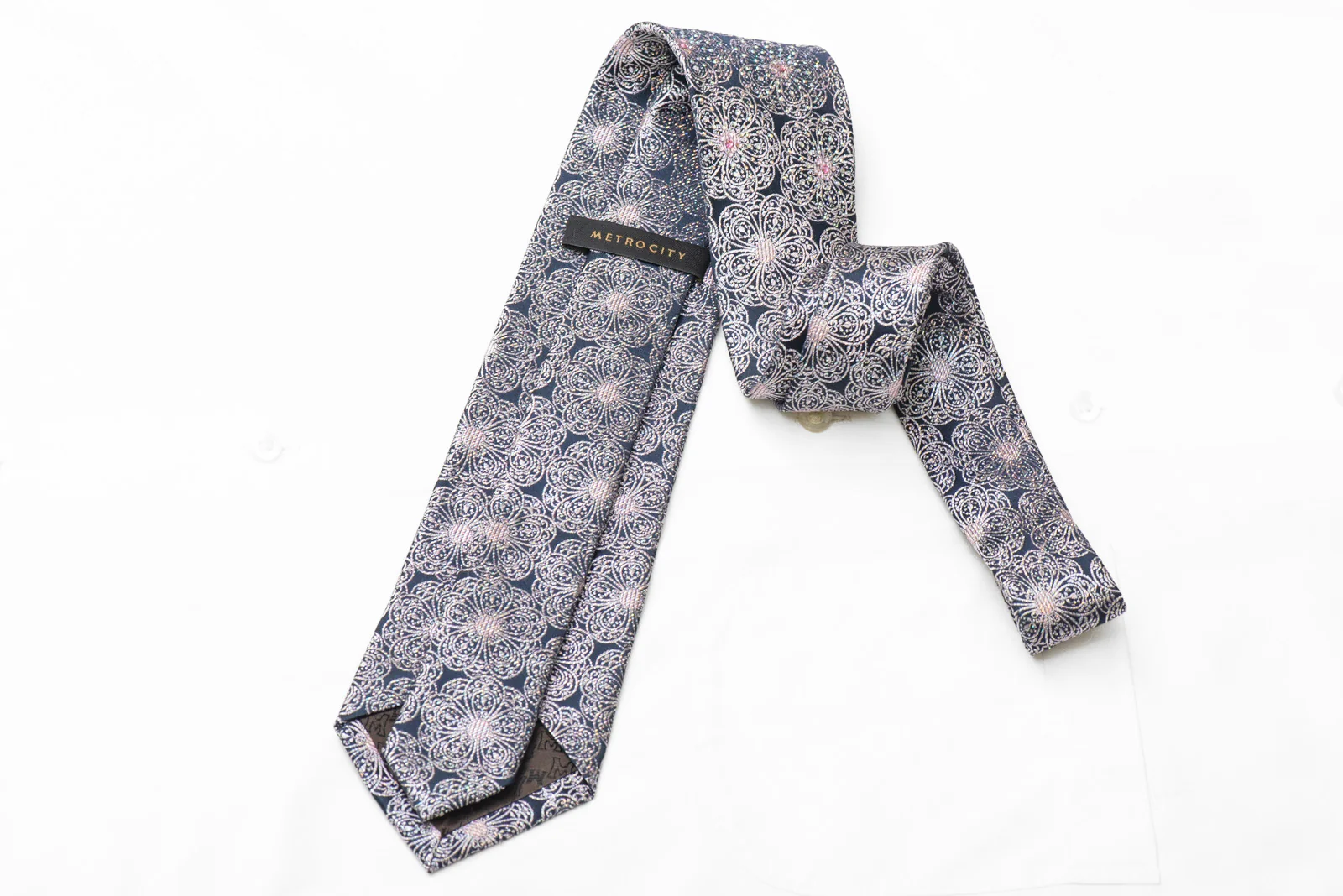 Silver Medallions Design On Dark Blue Rhinestone Tie With Sparkles - Image 5