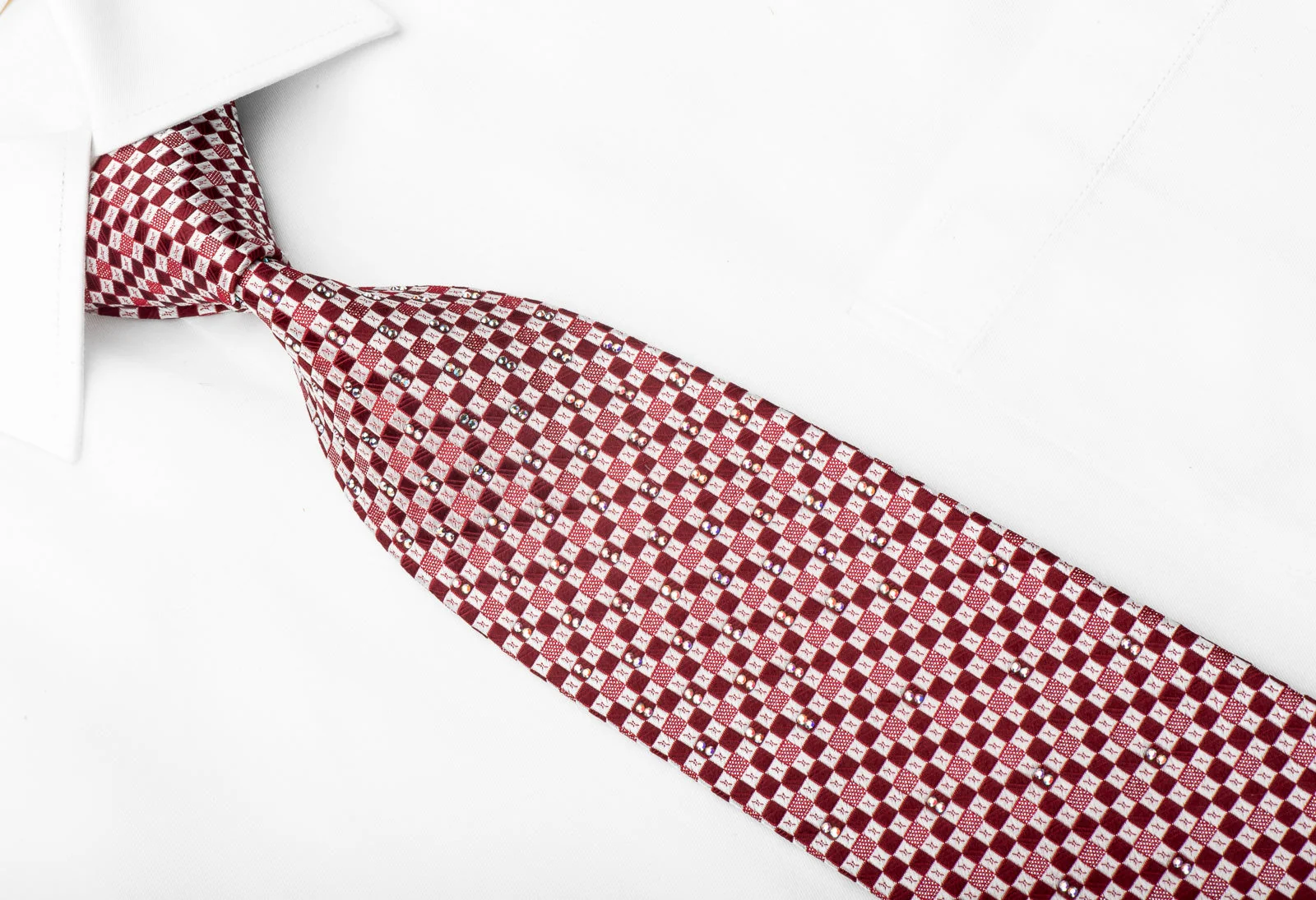 Men's Crystal Rhinestone Silk Necktie Burgundy Silver Checkered With Silver Sparkles - Image 4