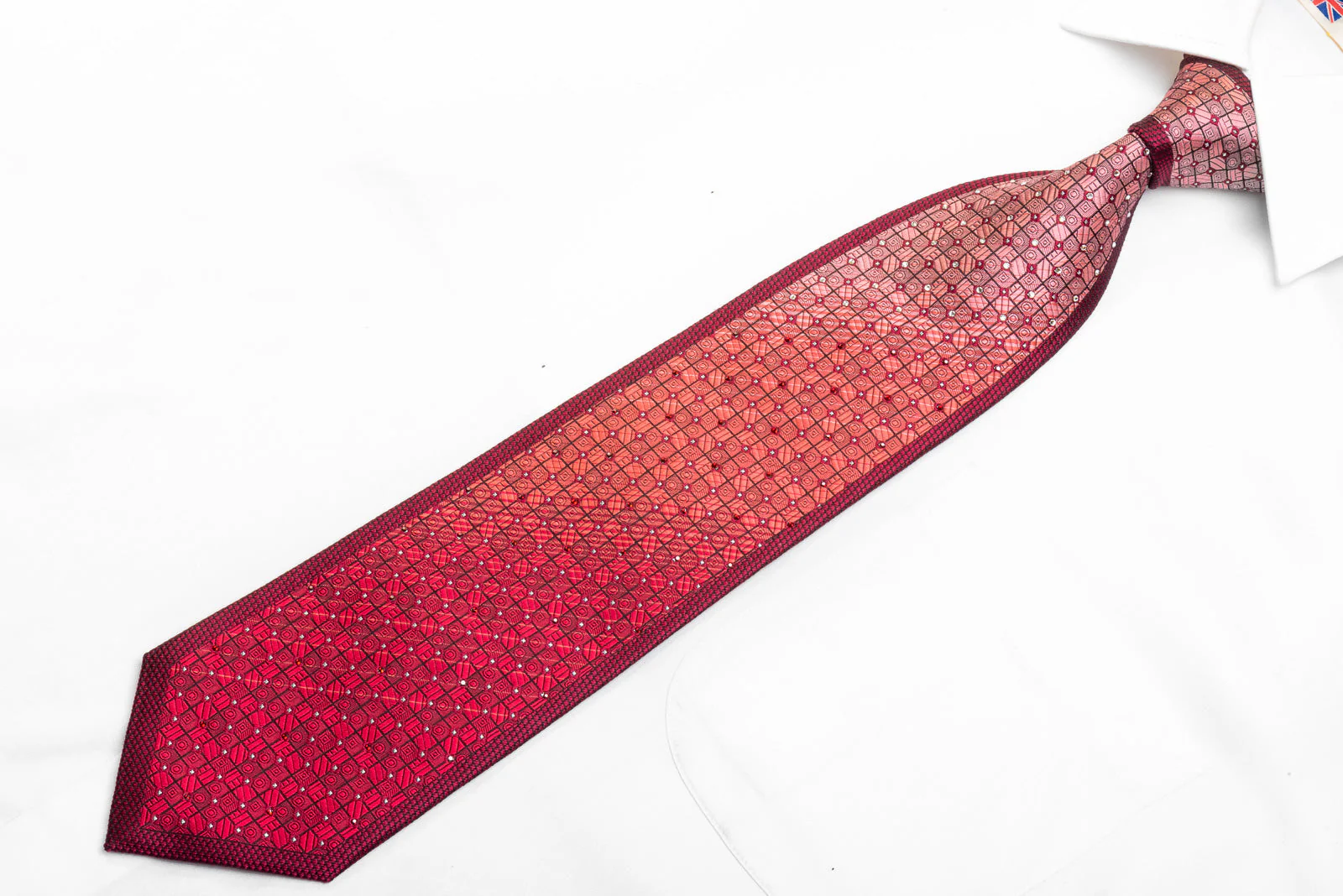 Metro City Men's Rhinestone Necktie Red Geometric On Navy With Silver Sparkles - Image 3