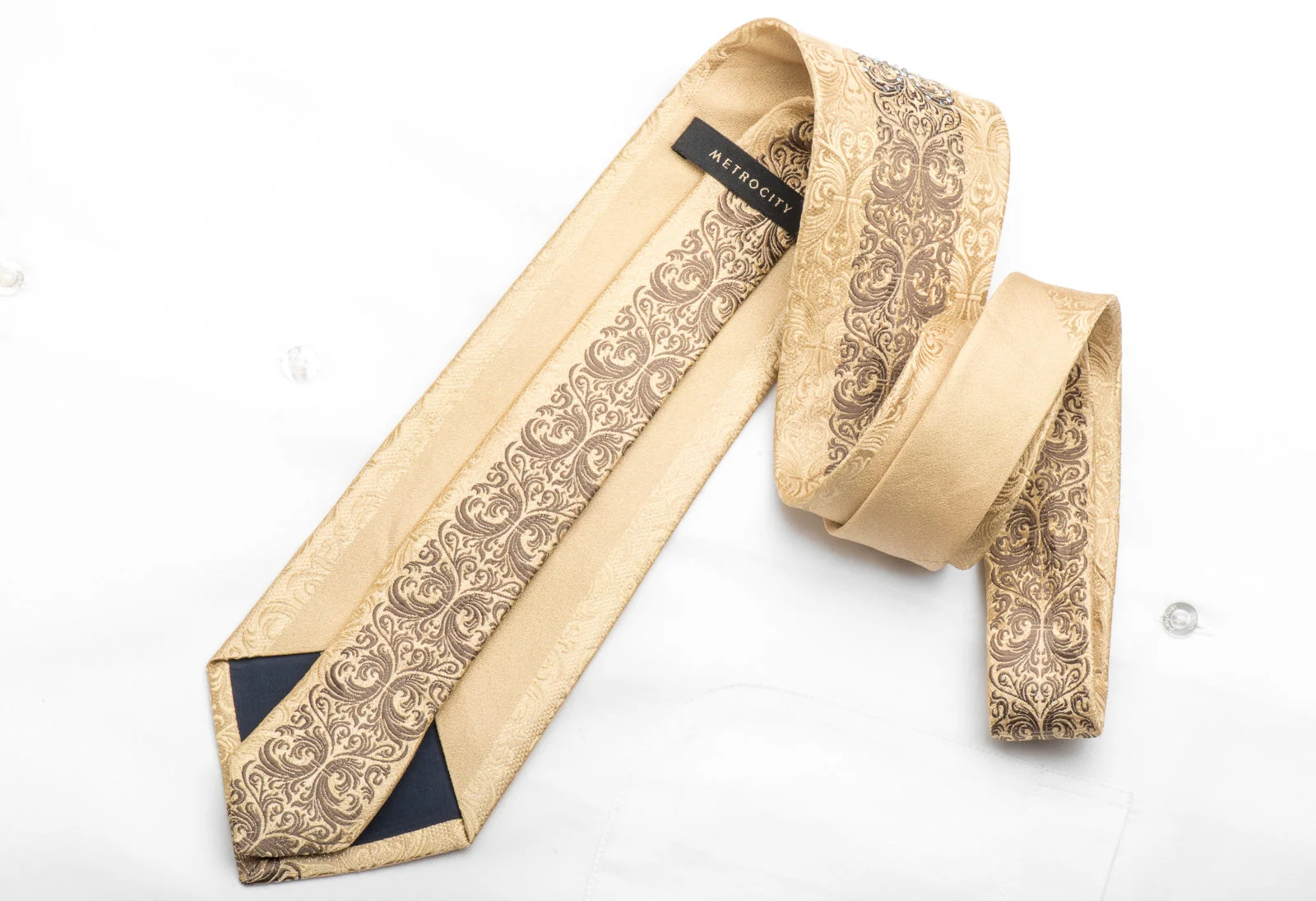 Metro City Men's Rhinestone Tie Brown Damask On Golden Beige With Gold Sparkles - Image 6