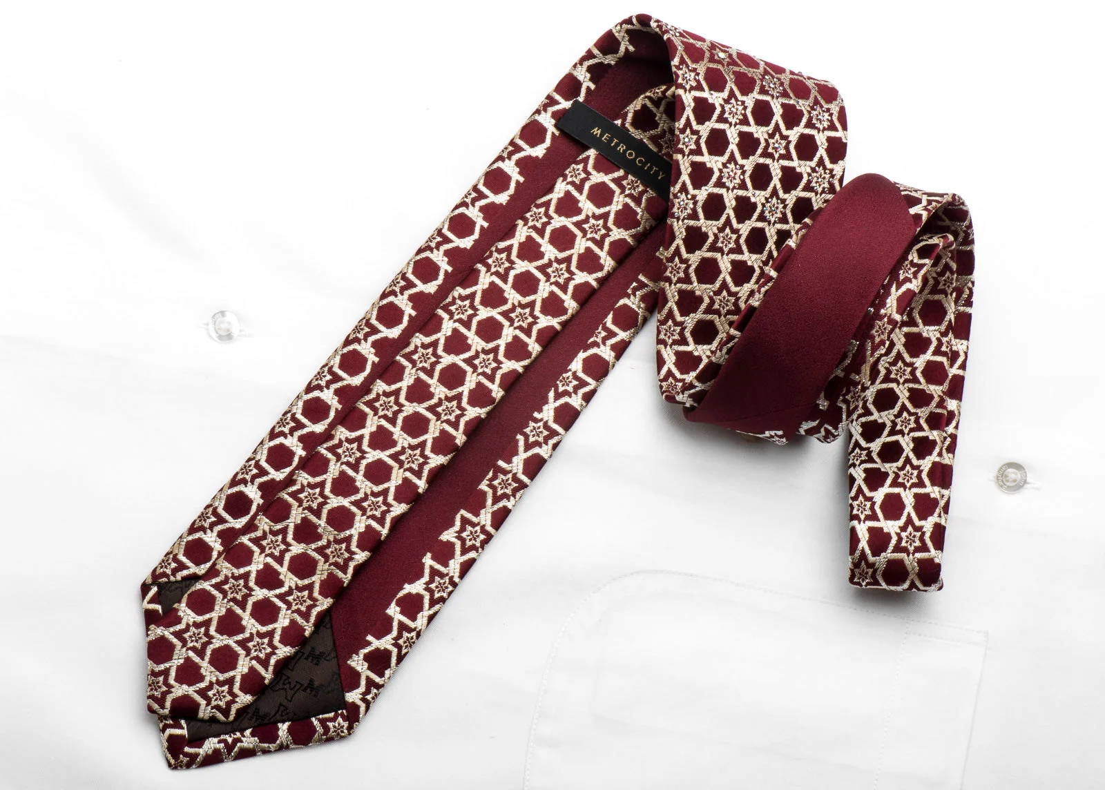 Metro City Men's Rhinestone Tie Golden Stars & Trellis On Burgundy With Gold Sparkles - Image 4