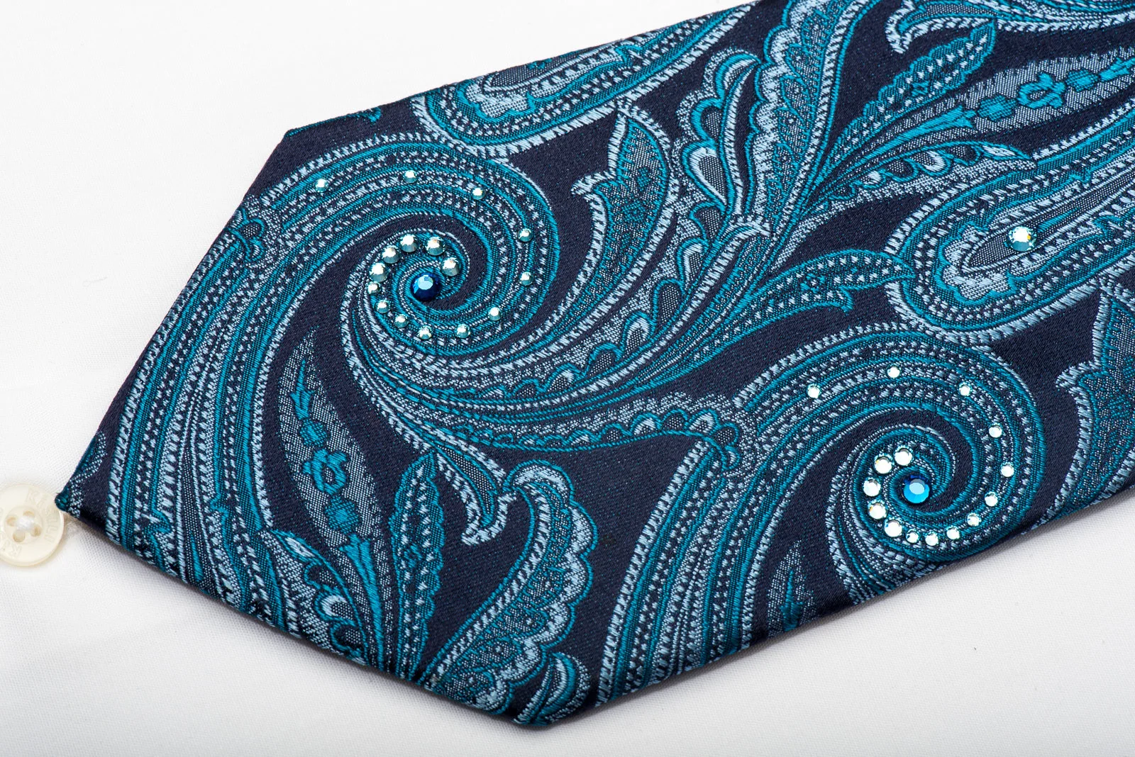 Metro City Men's Silk Necktie Paisley On Blue Sparkling With Crystal Rhinestones - Image 5