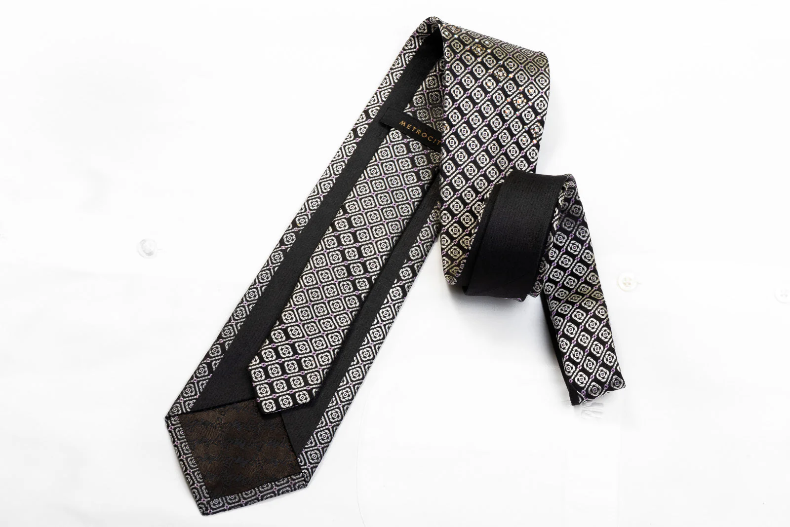 Metro City Men's Silk Rhinestone Necktie Silver Geometric On Black - Image 5