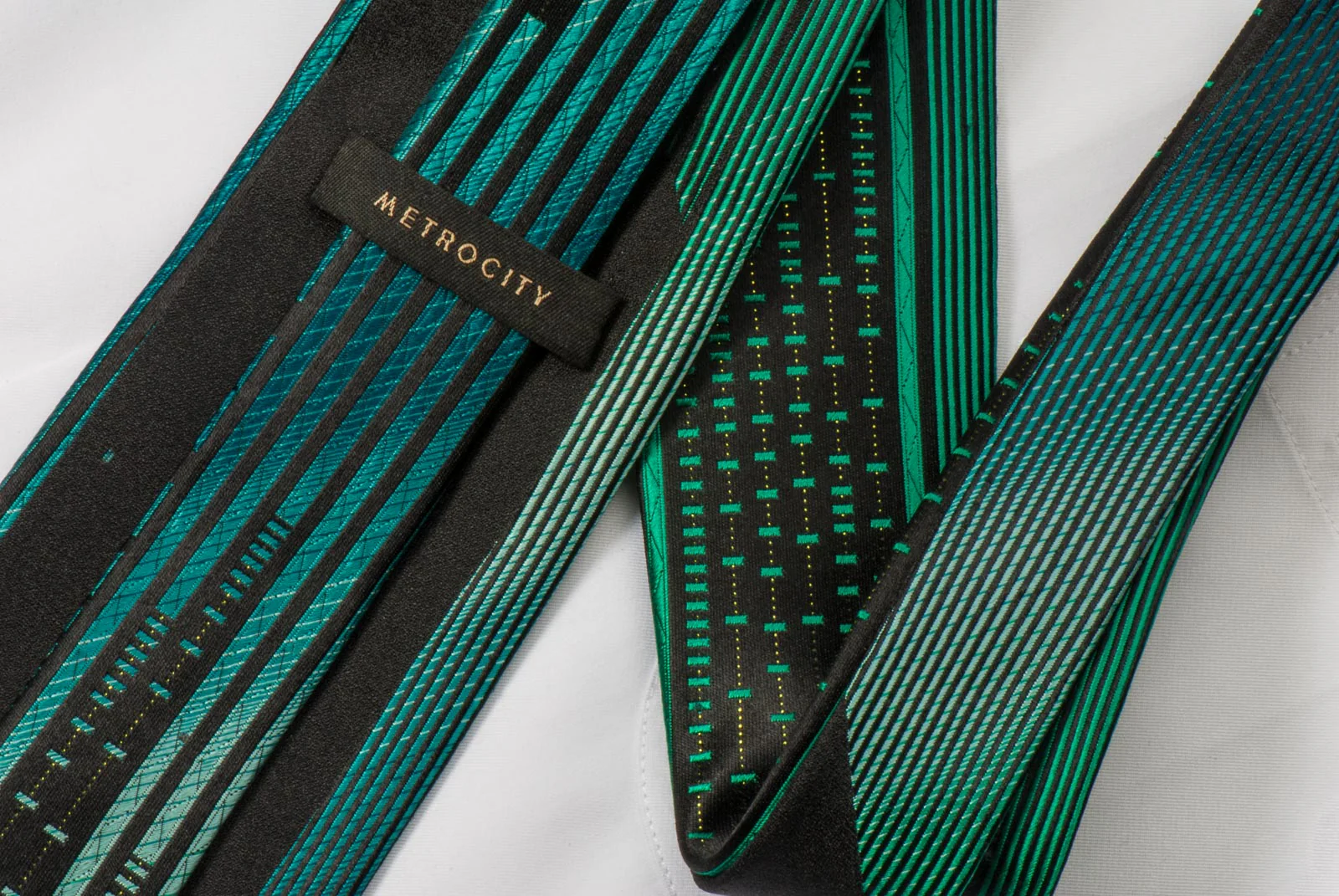 Metro City Men's Woven Silk Rhinestone Neck Tie Green Vertical Stripes On Black With Sparkles - Image 2