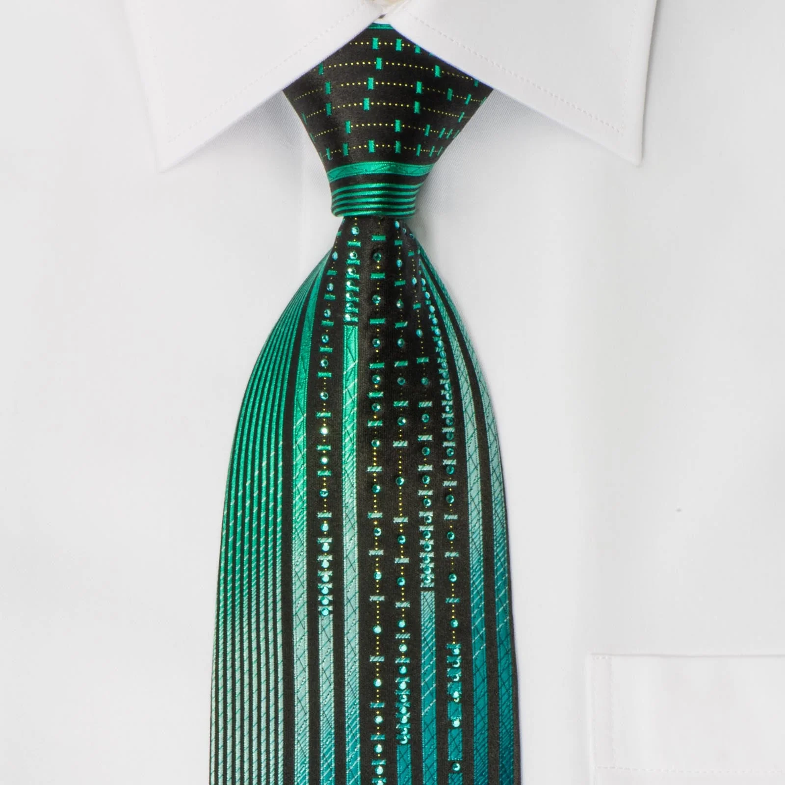 Metro City Men's Woven Silk Rhinestone Neck Tie Green Vertical Stripes On Black With Sparkles - Image 5