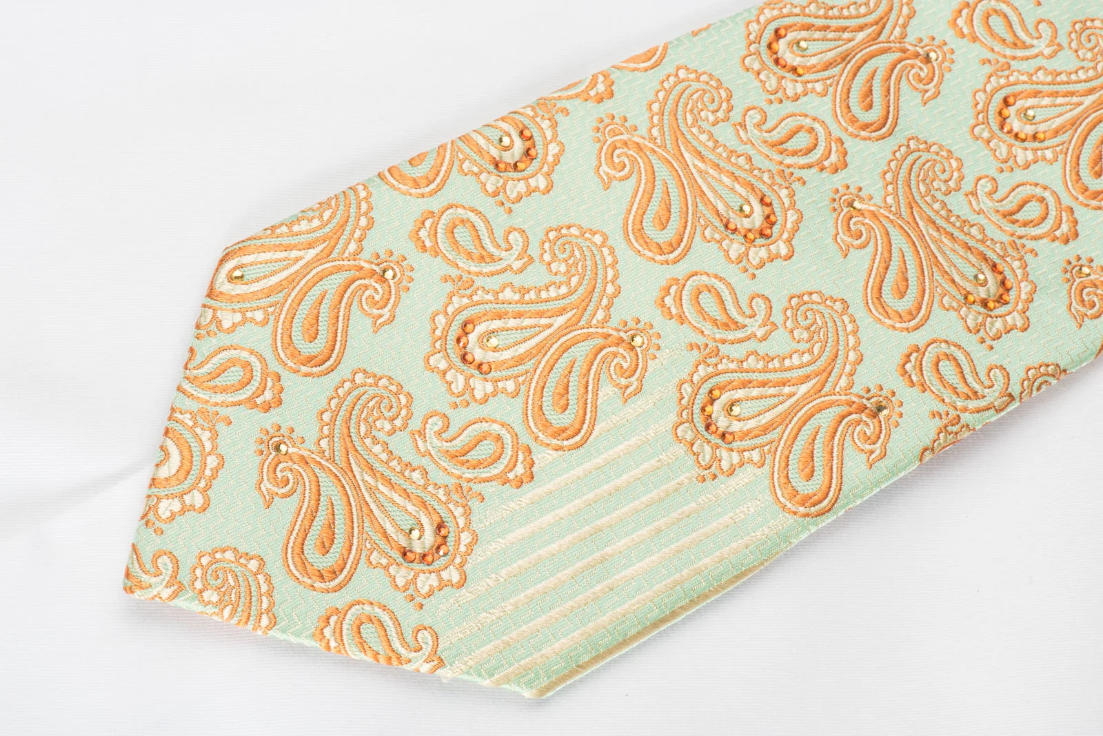 Metro City Mens Silk Necktie Orange Paisley Boteh On Turquoise Sparkling With Rhinestones - Image 2