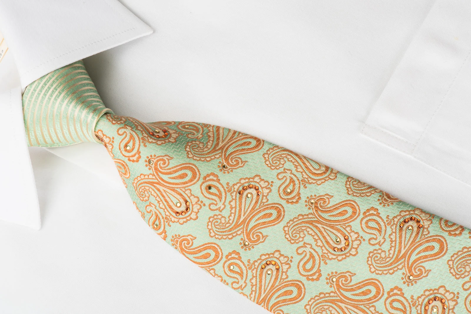 Metro City Mens Silk Necktie Orange Paisley Boteh On Turquoise Sparkling With Rhinestones - Image 4
