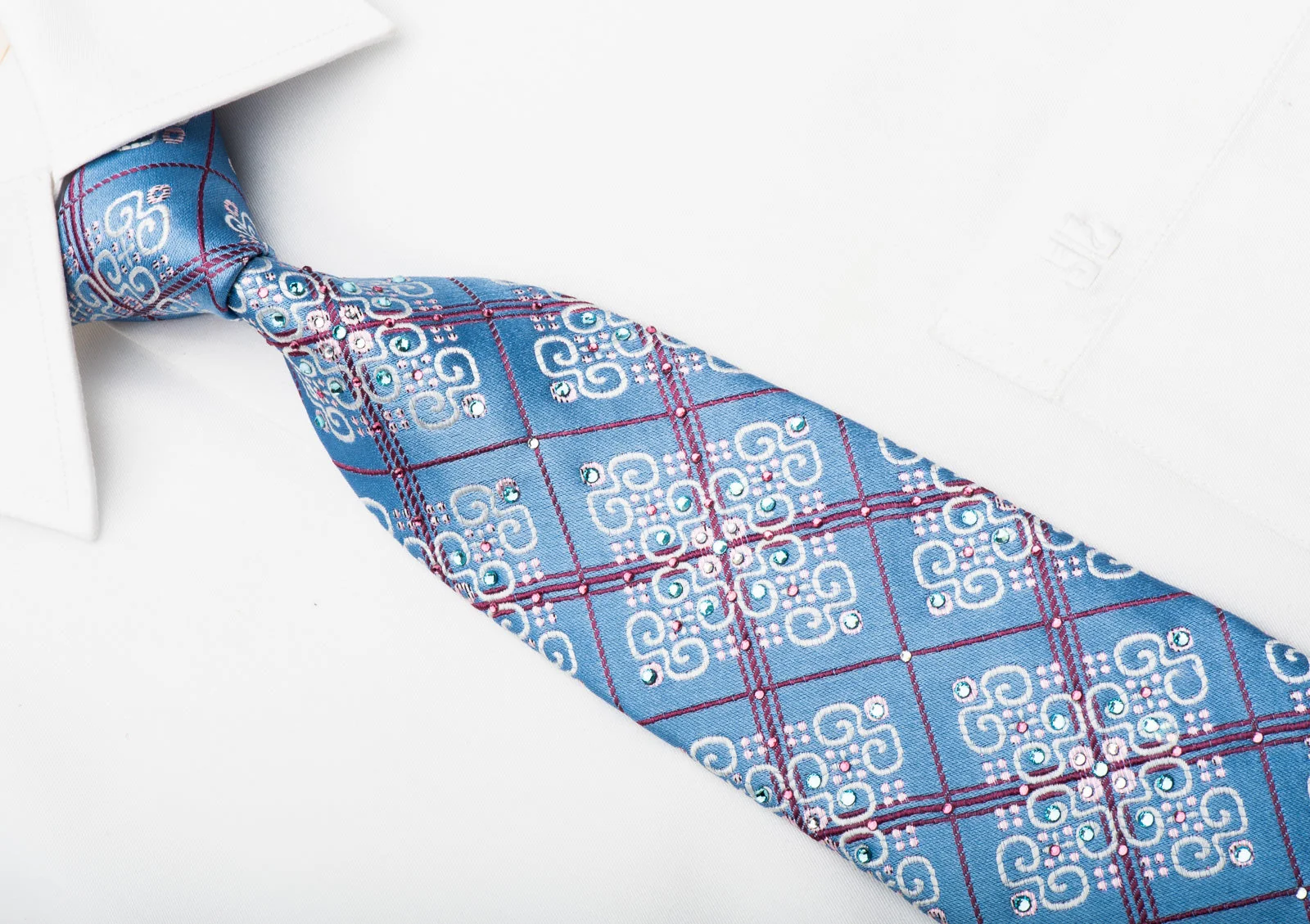 Metro City Rhinestone Necktie Burgundy Checker & Cartouche On Blue With Sparkles - Image 3