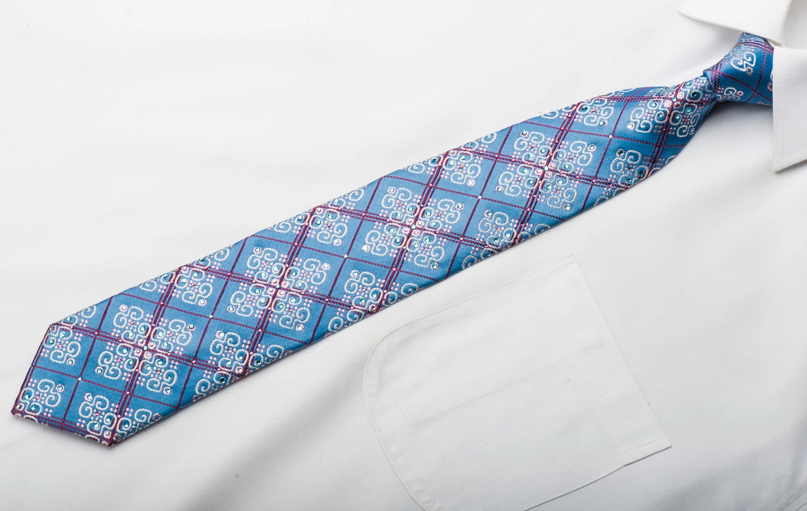 Metro City Rhinestone Necktie Burgundy Checker & Cartouche On Blue With Sparkles - Image 5